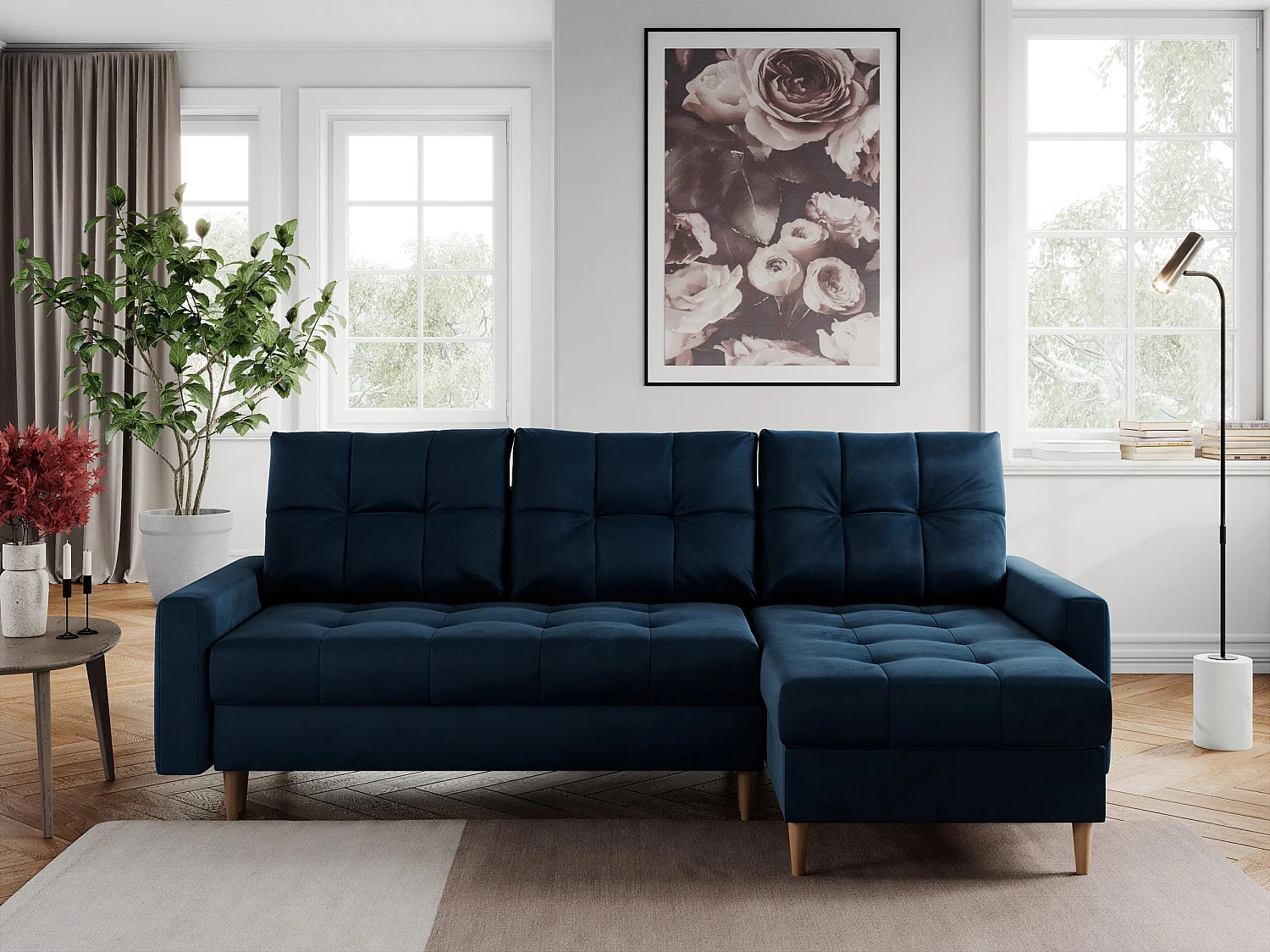 Ecksofa COLIN - gesteppte Sitzfläche, mit Schlaffunktion - Dunkelblau Velvet