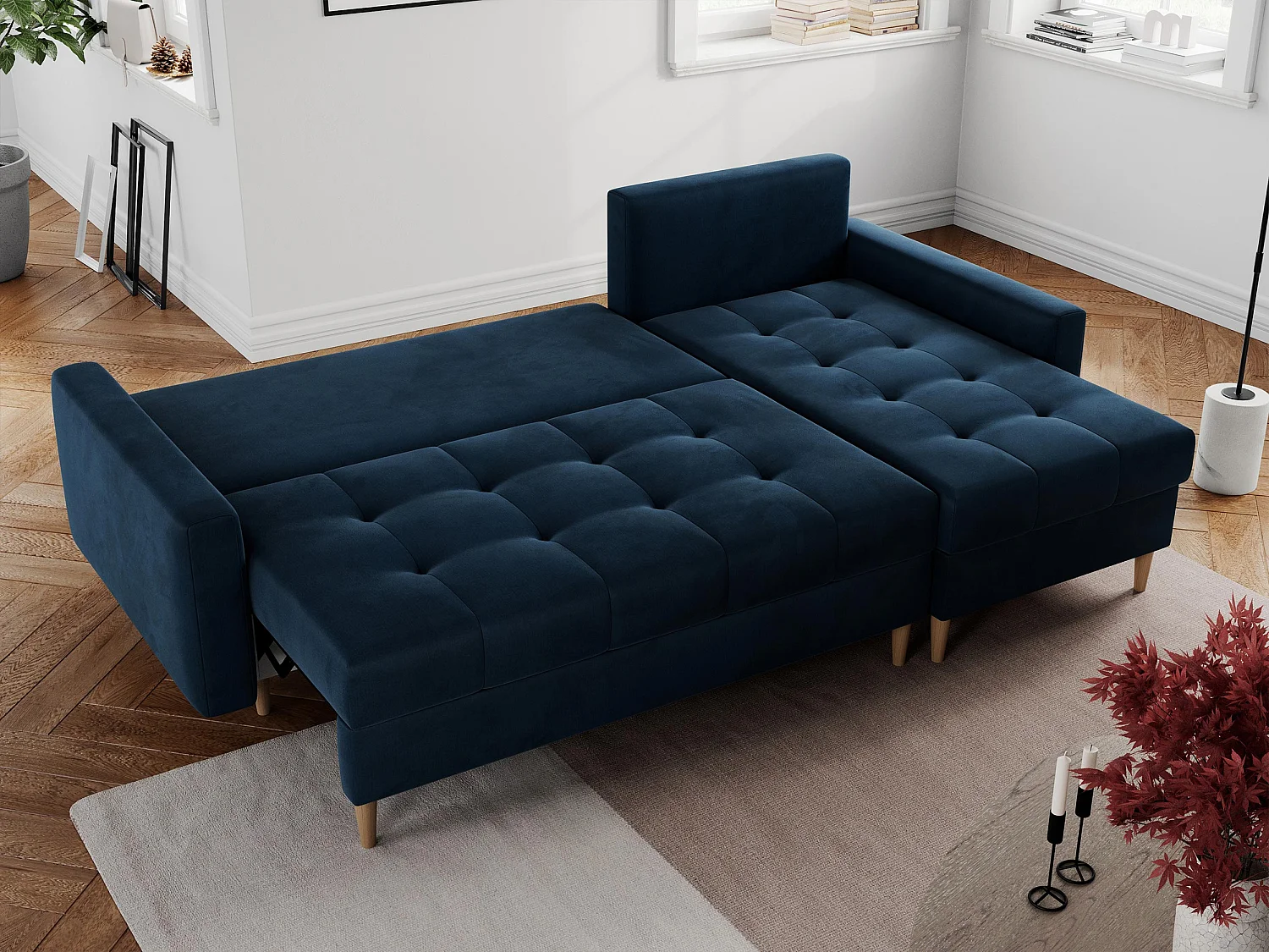 Ecksofa COLIN - gesteppte Sitzfläche, mit Schlaffunktion - Dunkelblau Velvet