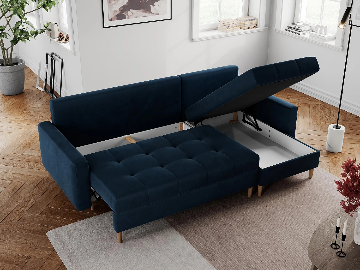 Ecksofa COLIN - gesteppte Sitzfläche, mit Schlaffunktion - Dunkelblau Velvet