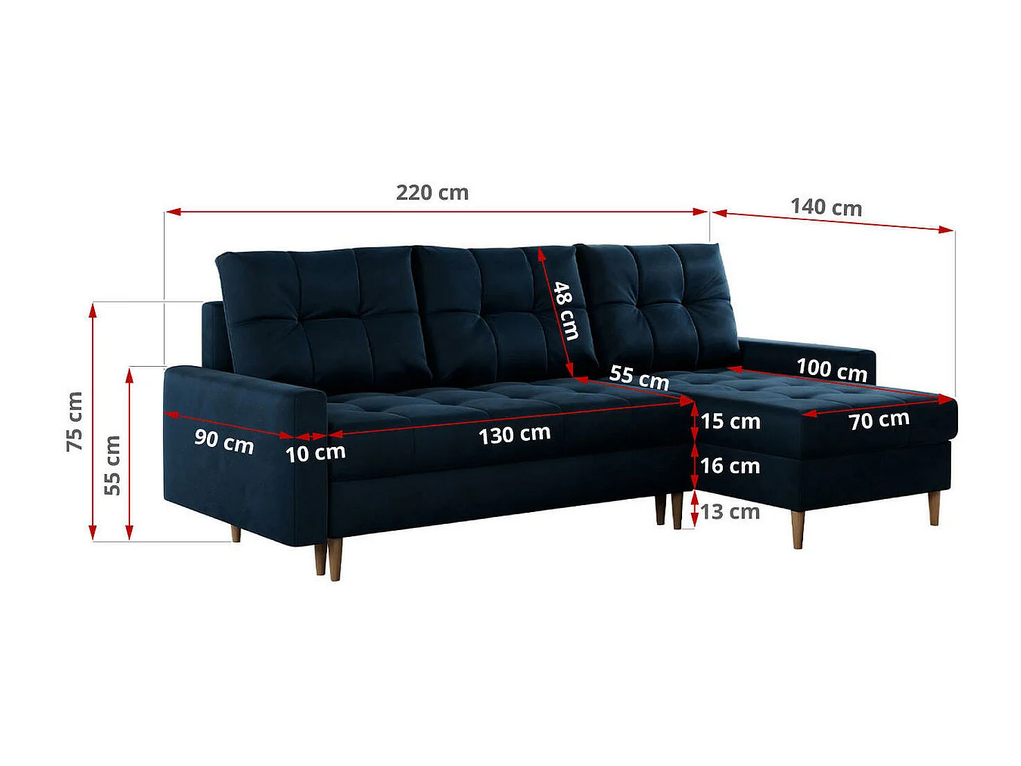 Ecksofa COLIN - gesteppte Sitzfläche, mit Schlaffunktion - Dunkelblau Velvet