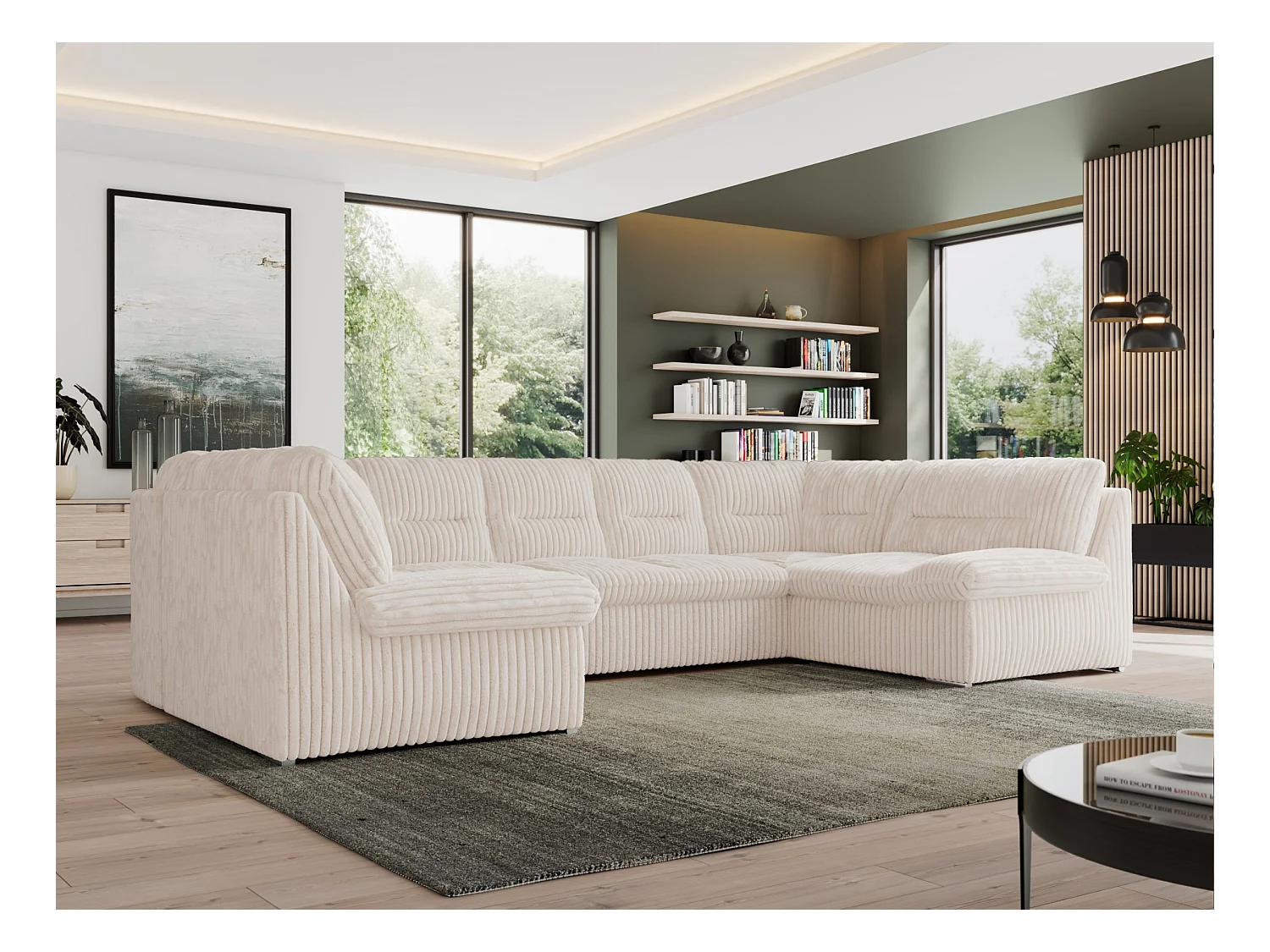 Ecksofa MORBIDO U, XXL Wohnlandschaft mit schlaffunktion - Beige Cord