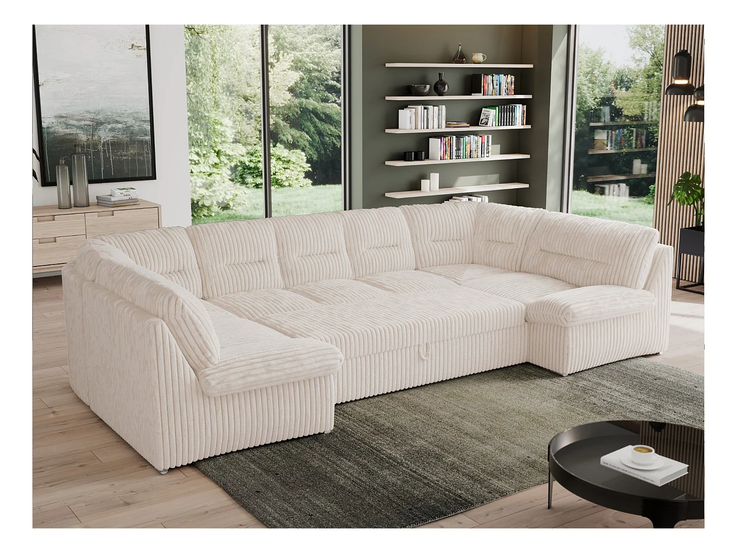 Ecksofa MORBIDO U, XXL Wohnlandschaft mit schlaffunktion - Beige Cord