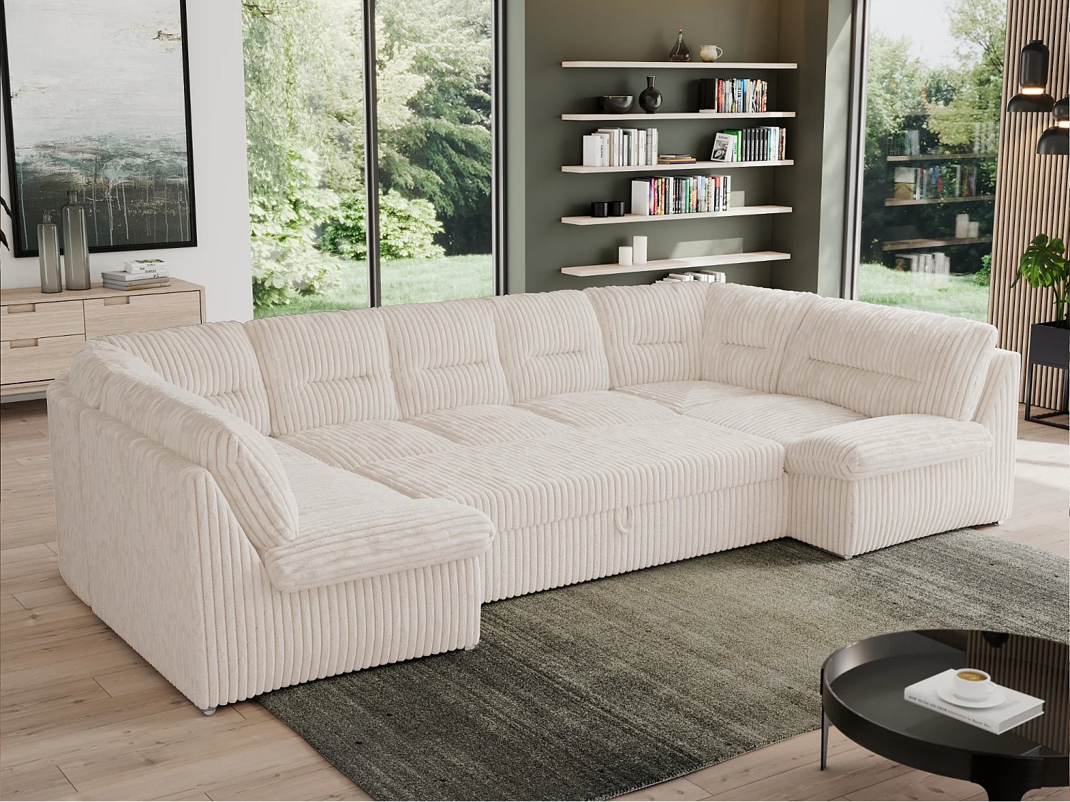 Ecksofa MORBIDO U, XXL Wohnlandschaft mit schlaffunktion - Beige Cord