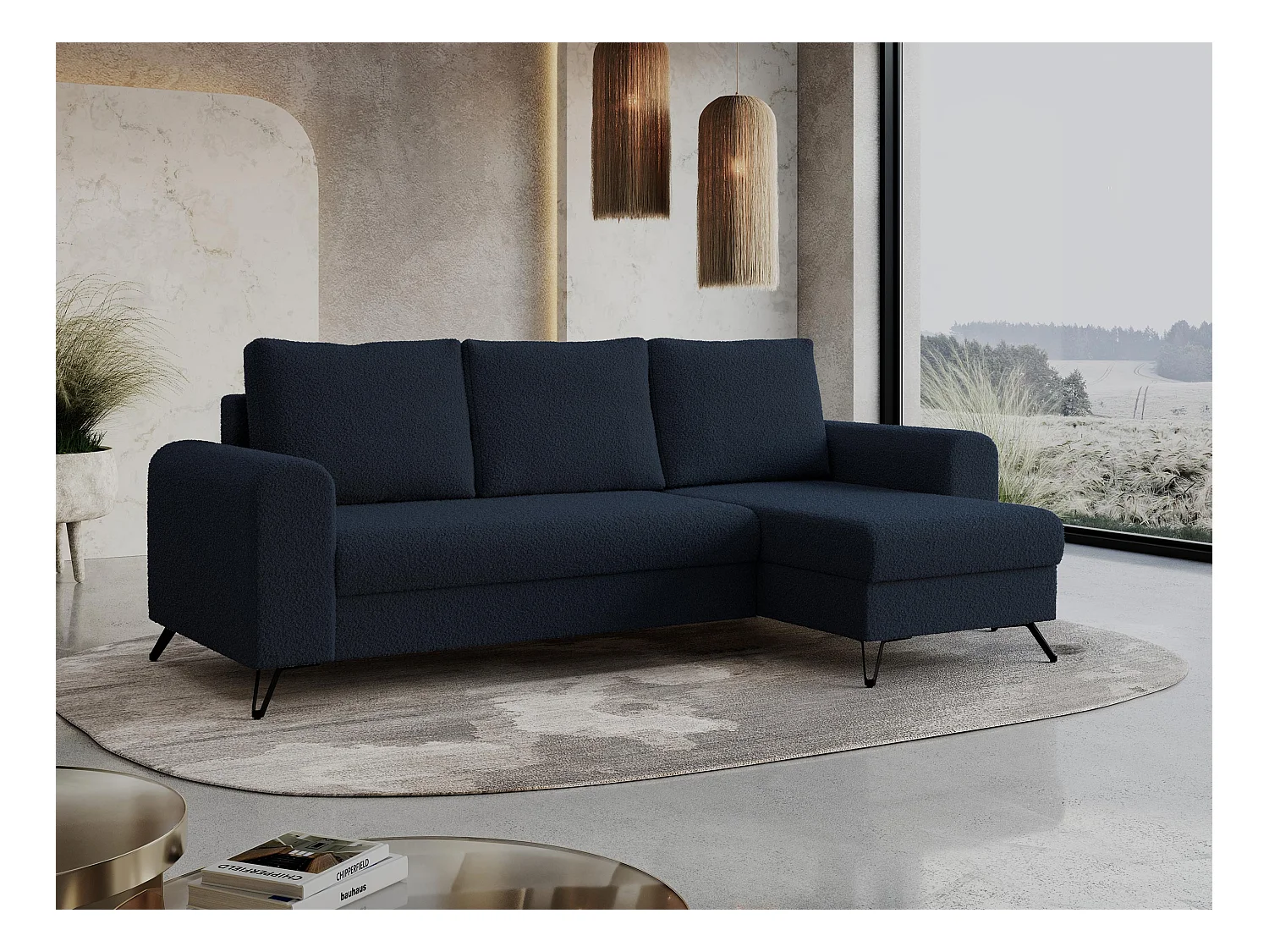 Ecksofa HUGO - L-Form mit Schlaffunktion, lose Kissen - Dunkelblau Boucle