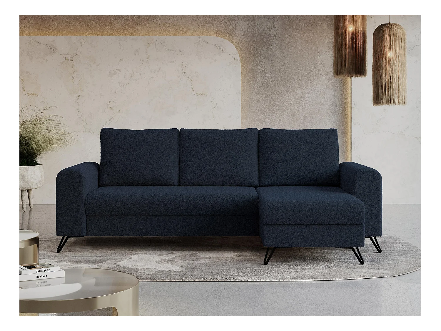 Ecksofa HUGO - L-Form mit Schlaffunktion, lose Kissen - Dunkelblau Boucle