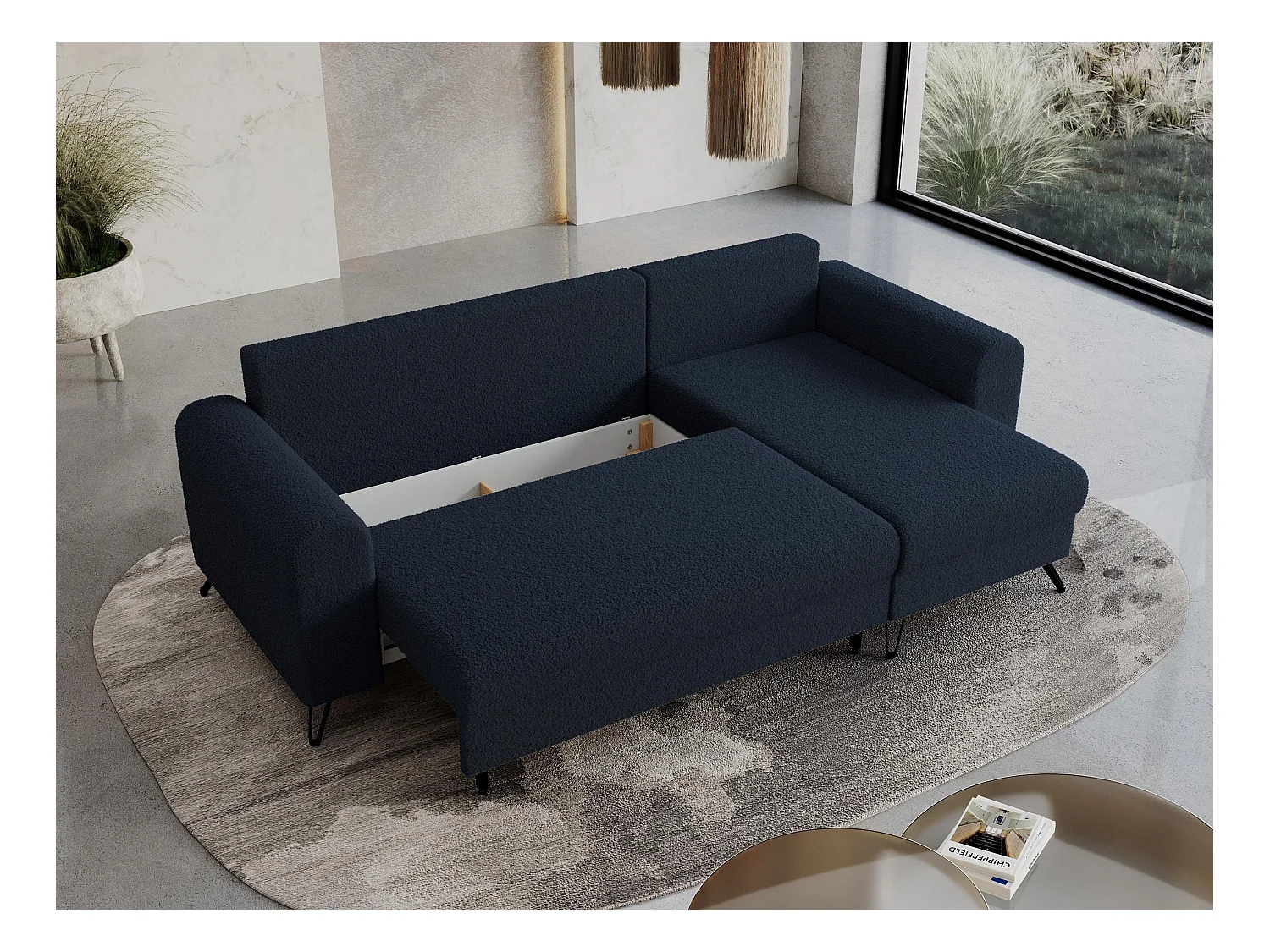 Ecksofa HUGO - L-Form mit Schlaffunktion, lose Kissen - Dunkelblau Boucle