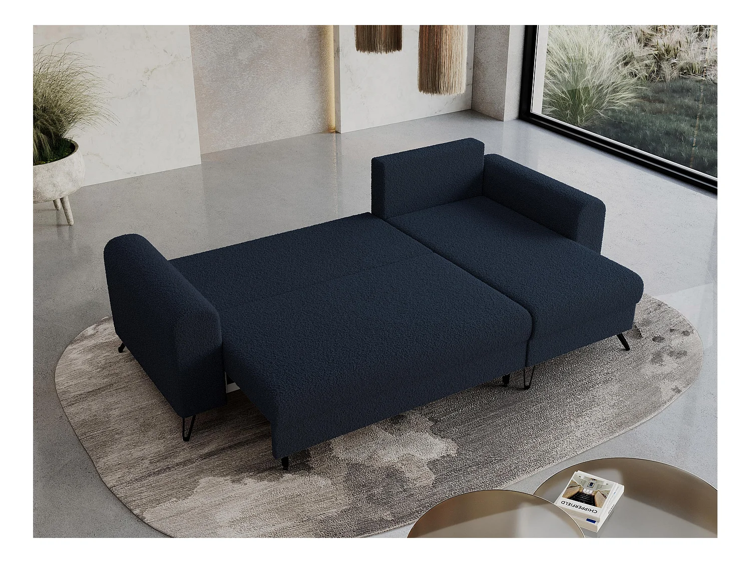 Ecksofa HUGO - L-Form mit Schlaffunktion, lose Kissen - Dunkelblau Boucle