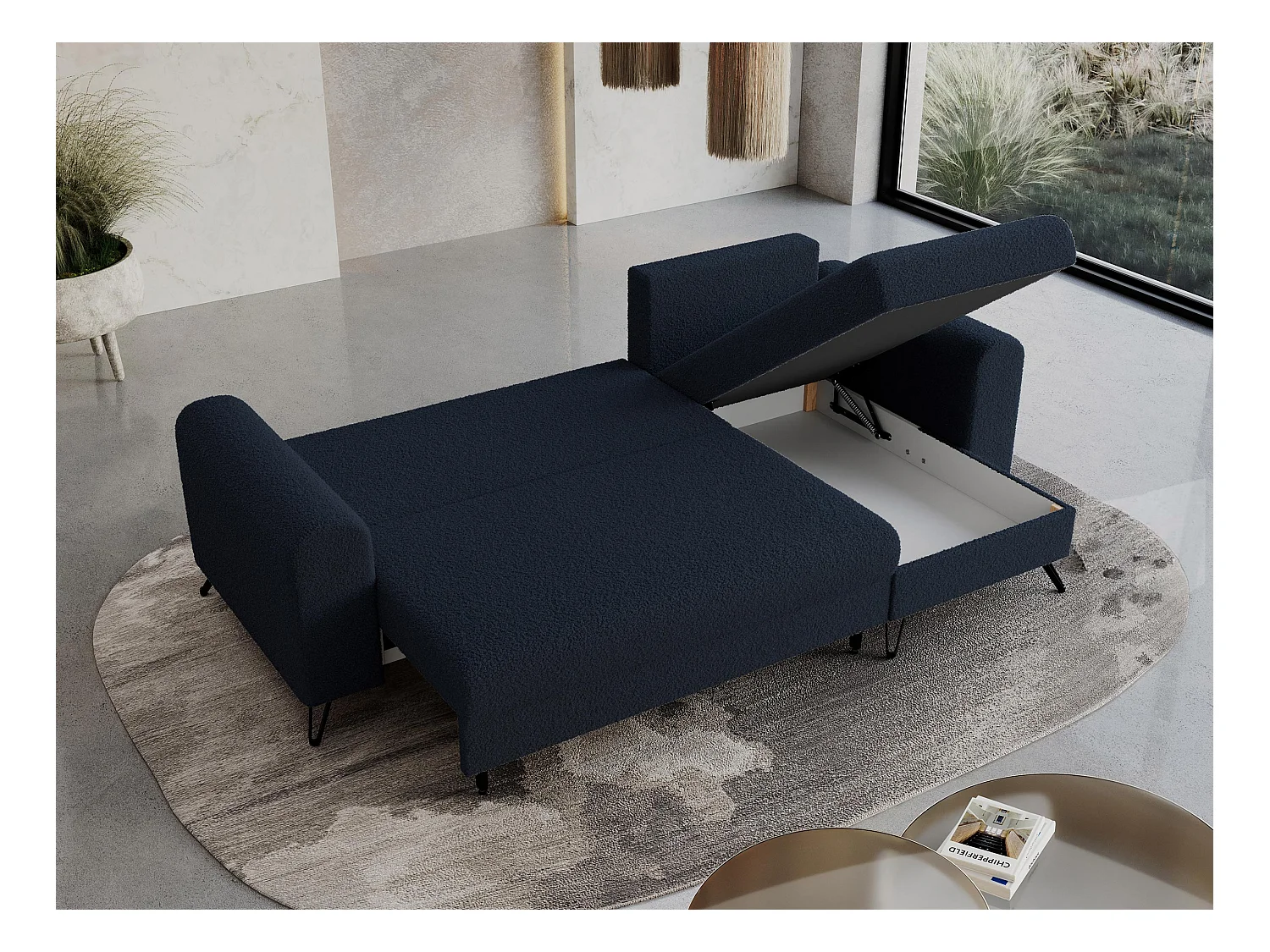 Ecksofa HUGO - L-Form mit Schlaffunktion, lose Kissen - Dunkelblau Boucle