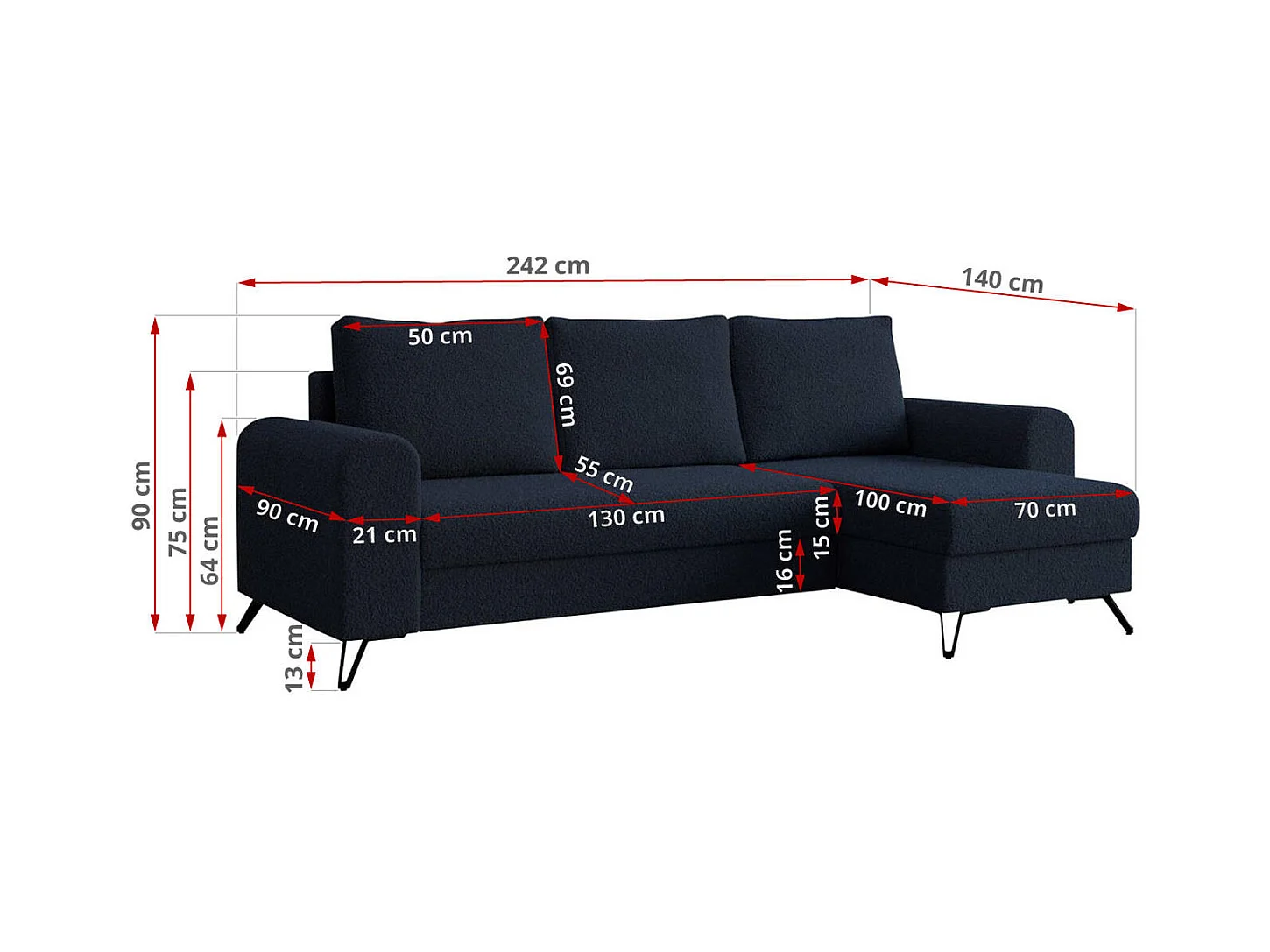 Ecksofa HUGO - L-Form mit Schlaffunktion, lose Kissen - Dunkelblau Boucle