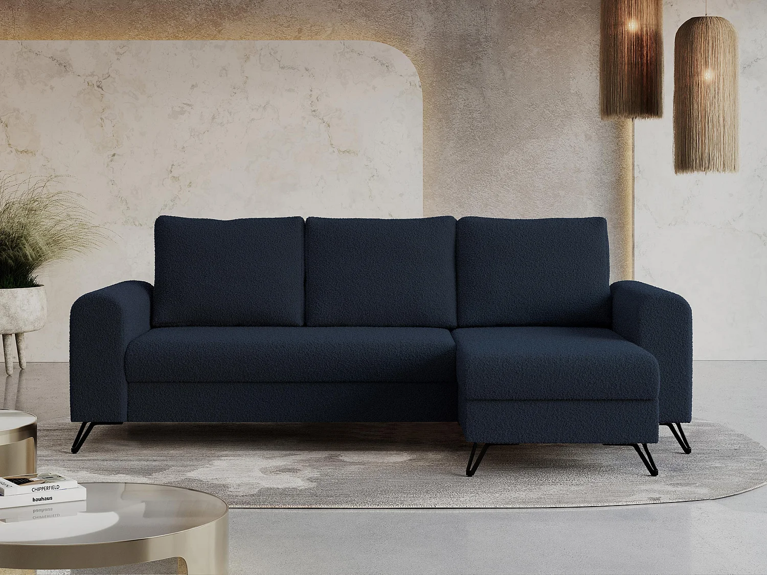 Ecksofa HUGO - L-Form mit Schlaffunktion, lose Kissen - Dunkelblau Boucle