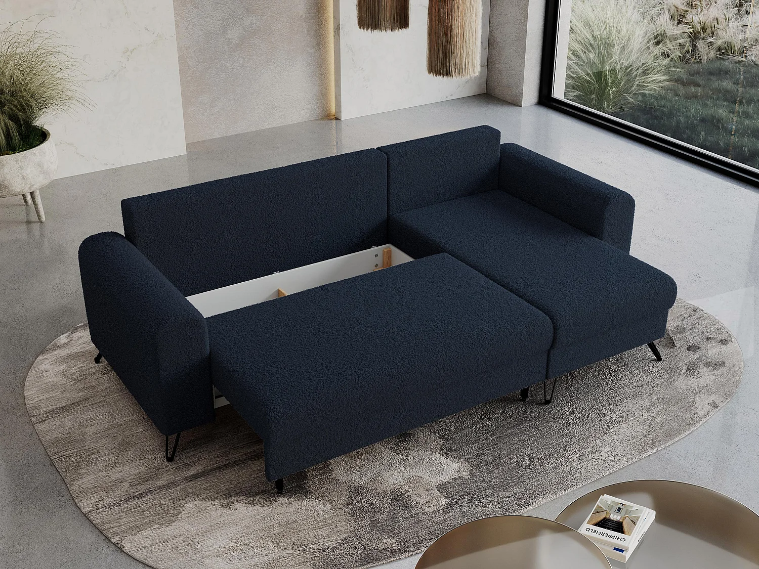 Ecksofa HUGO - L-Form mit Schlaffunktion, lose Kissen - Dunkelblau Boucle