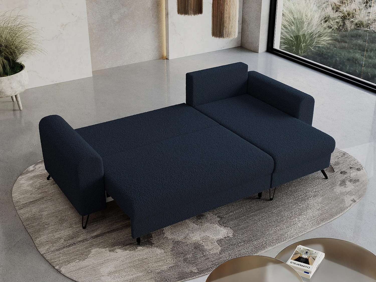 Ecksofa HUGO - L-Form mit Schlaffunktion, lose Kissen - Dunkelblau Boucle