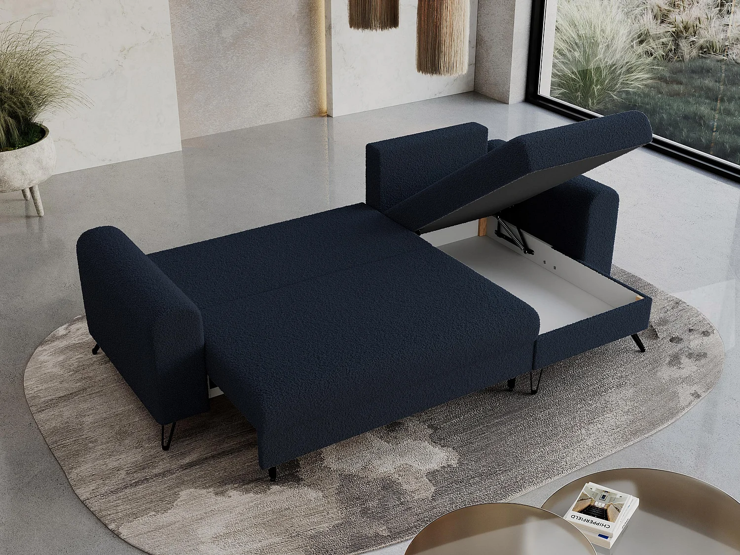 Ecksofa HUGO - L-Form mit Schlaffunktion, lose Kissen - Dunkelblau Boucle