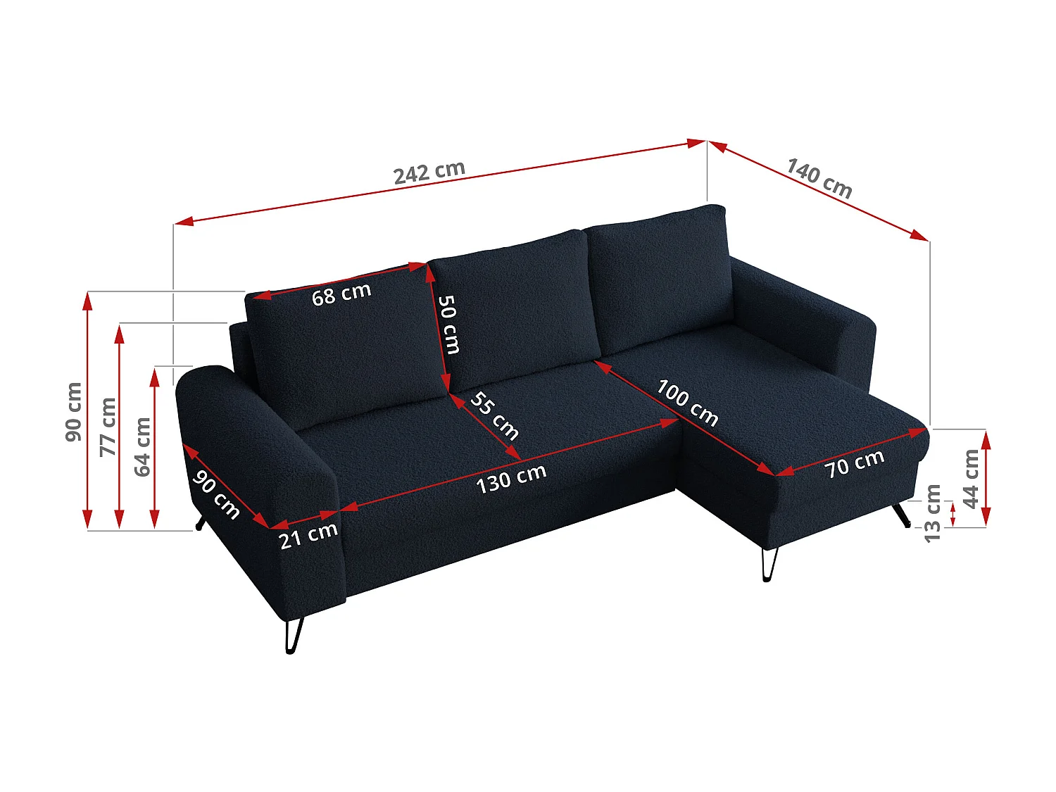 Ecksofa HUGO - L-Form mit Schlaffunktion, lose Kissen - Dunkelblau Boucle
