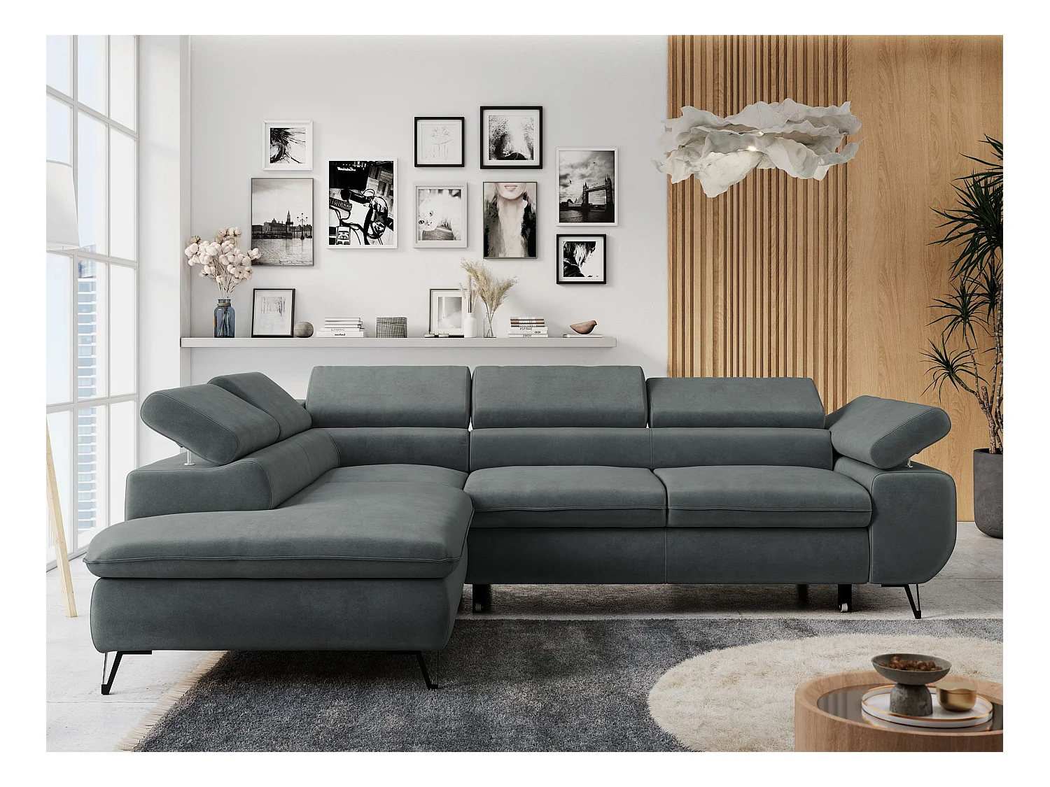 Ecksofa PETER verstellbare Kopfstütze, schlaffunktion - Dunkelgrau Velvet - Ecke Links