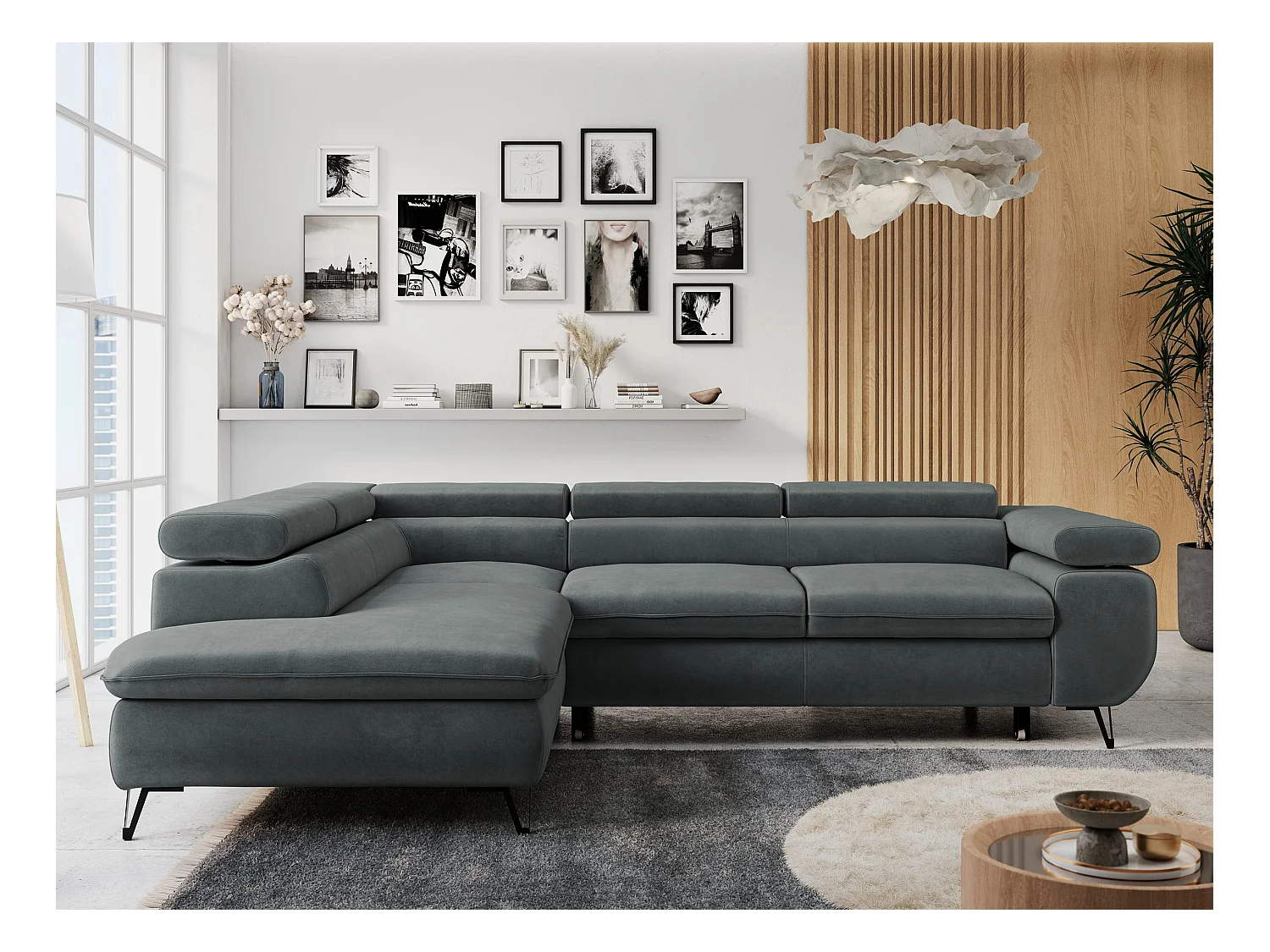 Ecksofa PETER verstellbare Kopfstütze, schlaffunktion - Dunkelgrau Velvet - Ecke Links