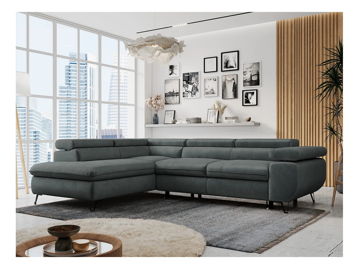 Ecksofa PETER verstellbare Kopfstütze, schlaffunktion - Dunkelgrau Velvet - Ecke Links