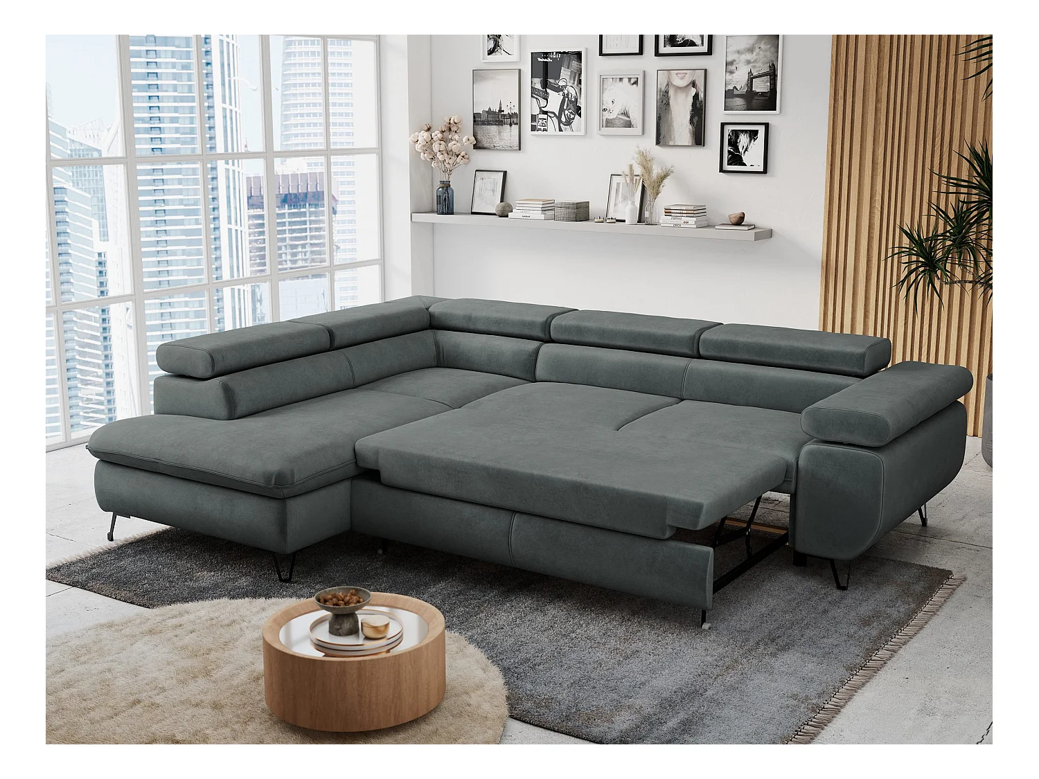 Ecksofa PETER verstellbare Kopfstütze, schlaffunktion - Dunkelgrau Velvet - Ecke Links