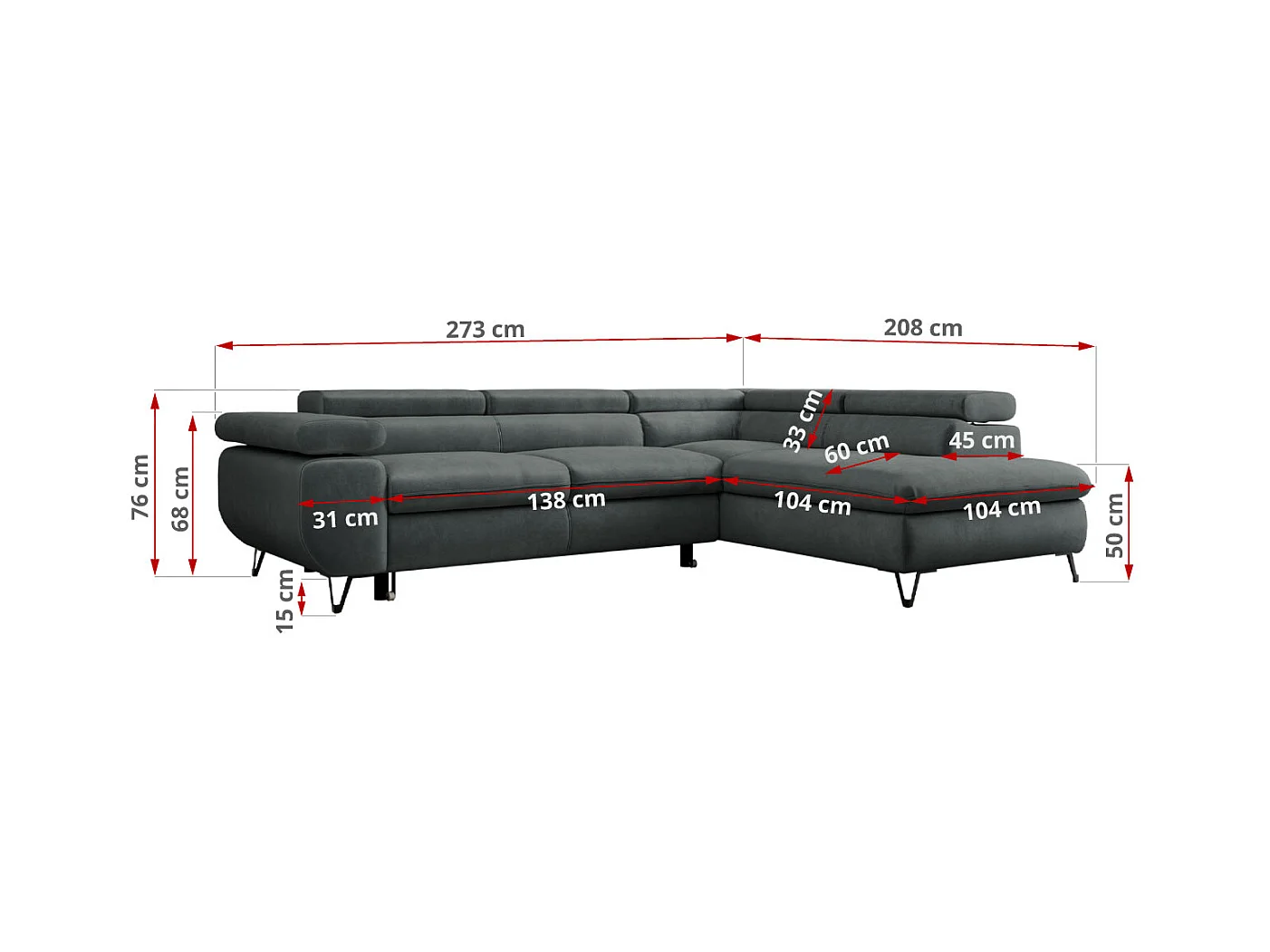 Ecksofa PETER verstellbare Kopfstütze, schlaffunktion - Dunkelgrau Velvet - Ecke Links