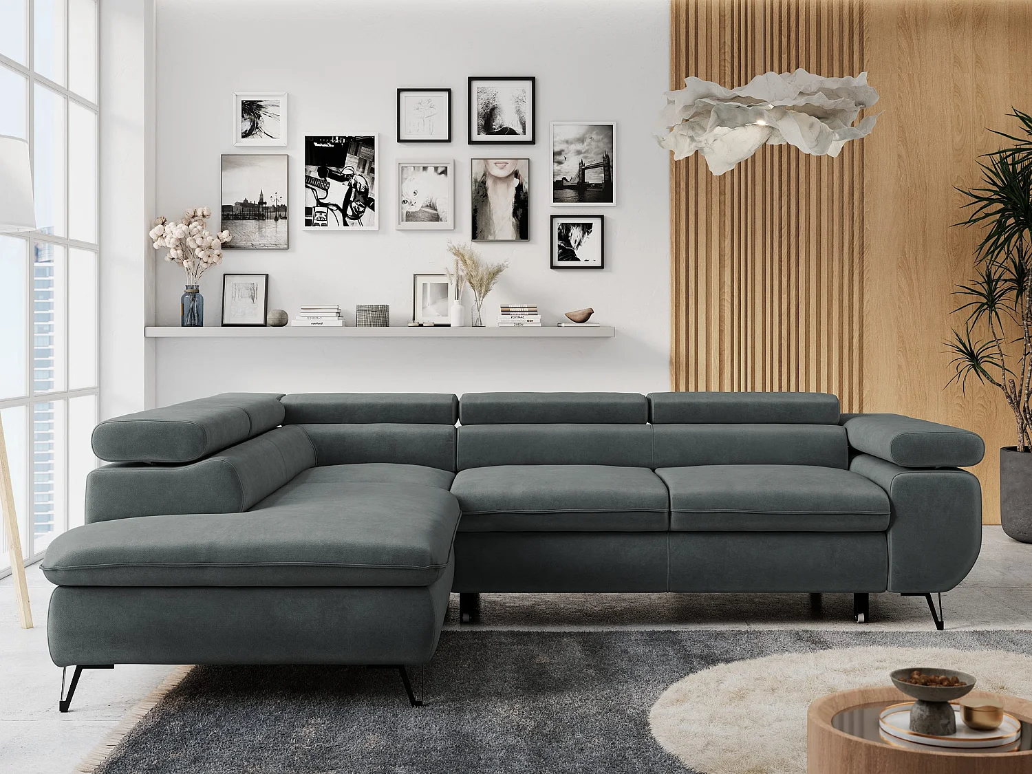 Ecksofa PETER verstellbare Kopfstütze, schlaffunktion - Dunkelgrau Velvet - Ecke Links