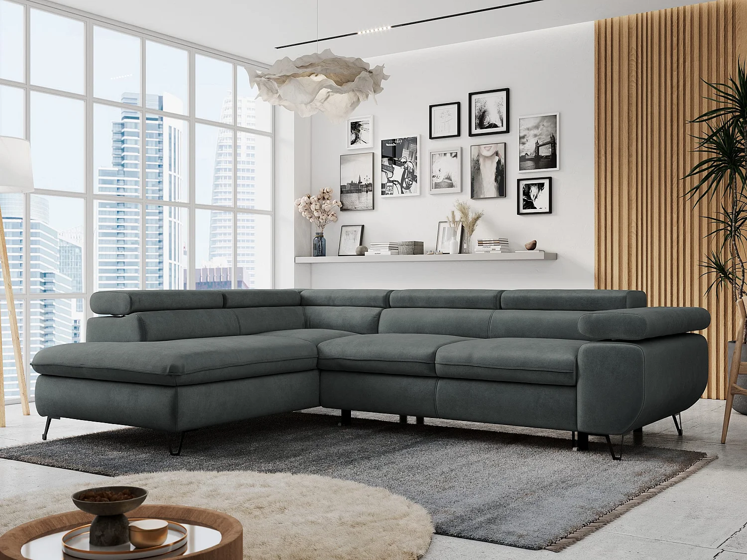 Ecksofa PETER verstellbare Kopfstütze, schlaffunktion - Dunkelgrau Velvet - Ecke Links