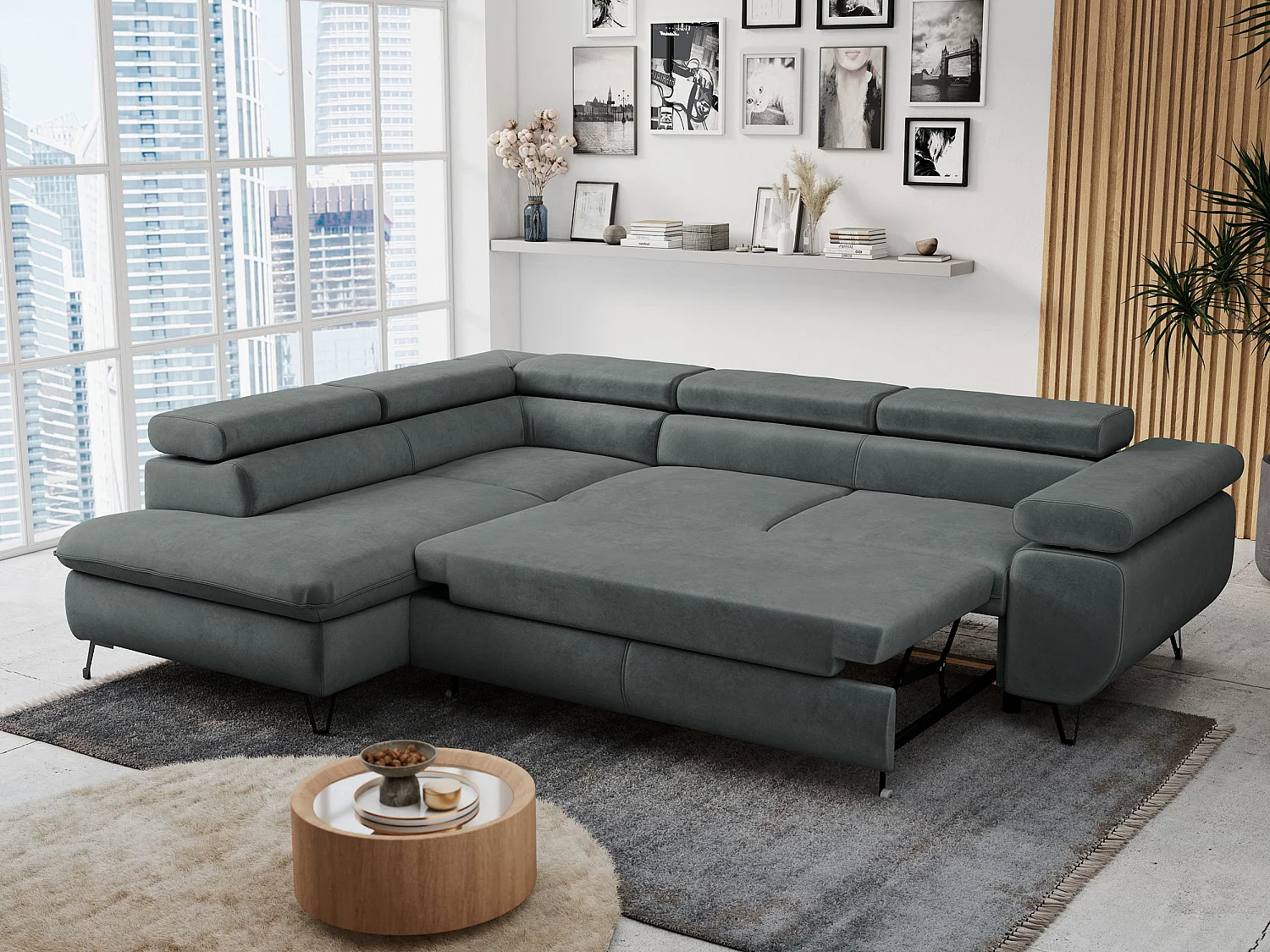 Ecksofa PETER verstellbare Kopfstütze, schlaffunktion - Dunkelgrau Velvet - Ecke Links