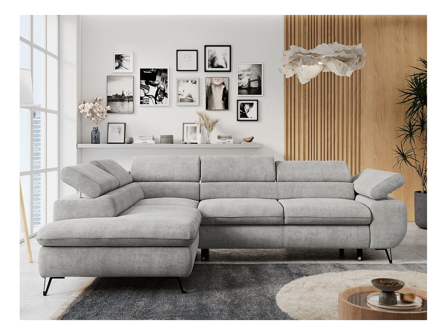 Ecksofa PETER verstellbare Kopfstütze, schlaffunktion - Hellgrau Stukture - Ecke Links