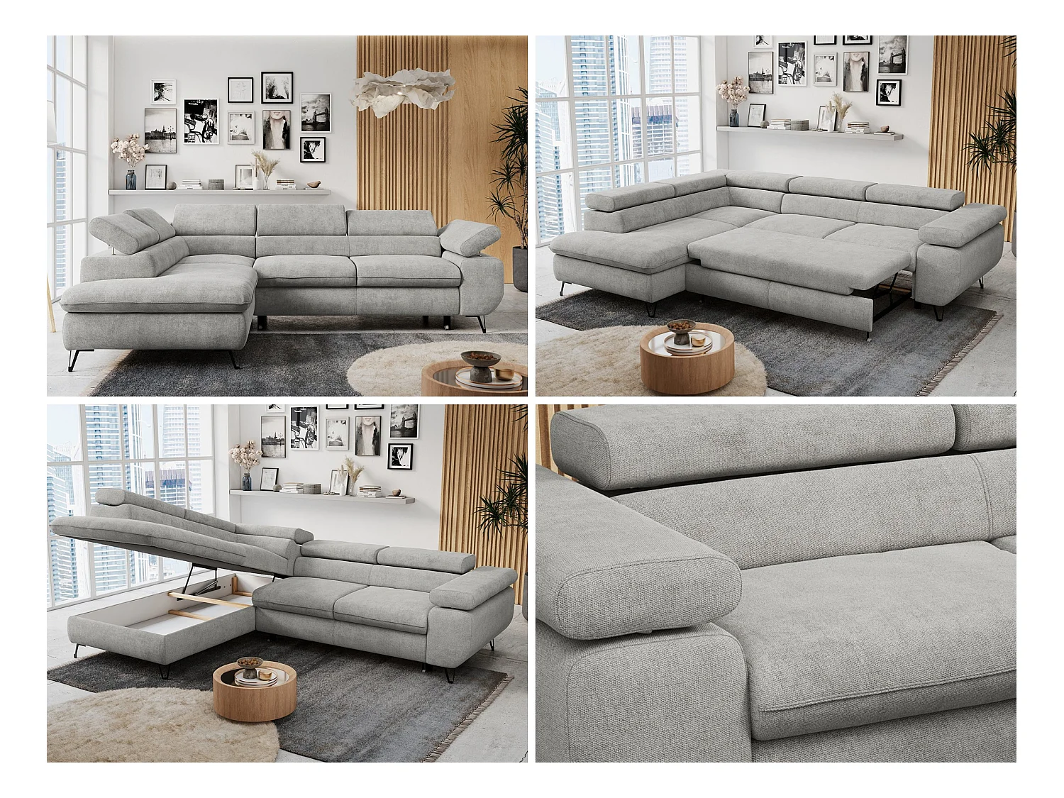 Ecksofa PETER verstellbare Kopfstütze, schlaffunktion - Hellgrau Stukture - Ecke Links