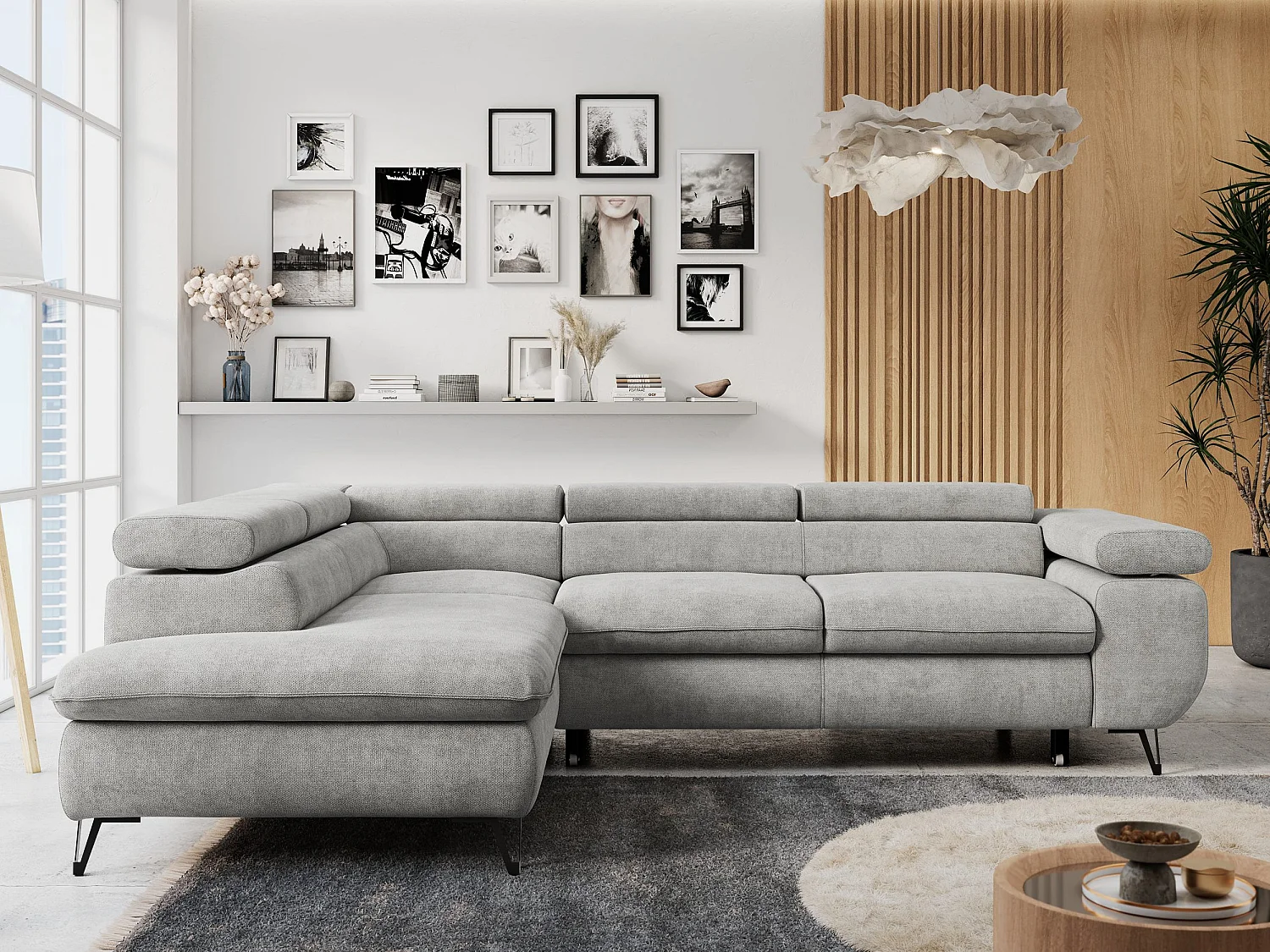 Ecksofa PETER verstellbare Kopfstütze, schlaffunktion - Hellgrau Stukture - Ecke Links