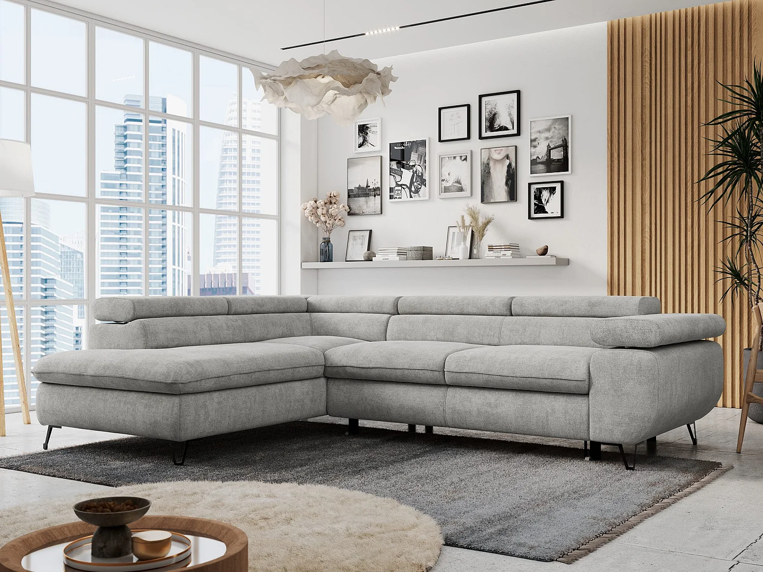 Ecksofa PETER verstellbare Kopfstütze, schlaffunktion - Hellgrau Stukture - Ecke Links