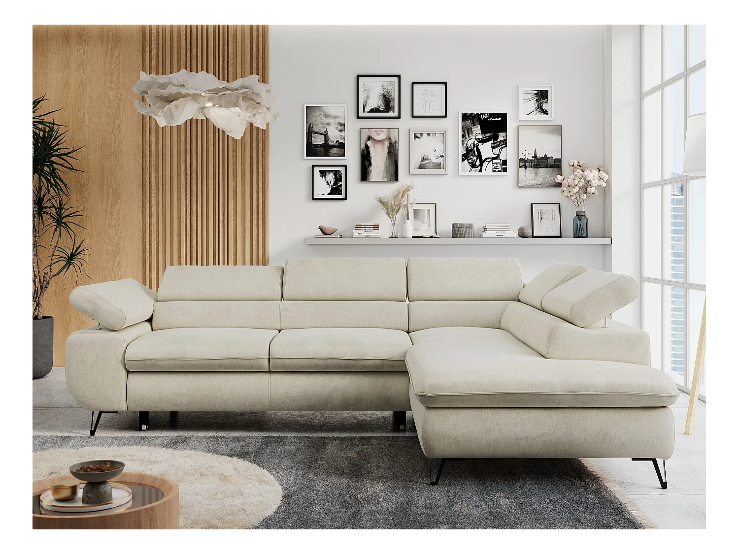 Ecksofa PETER verstellbare Kopfstütze, schlaffunktion - Beige Velvet - Ecke Rechts