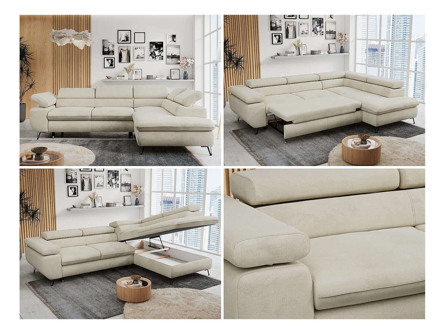 Ecksofa PETER verstellbare Kopfstütze, schlaffunktion - Beige Velvet - Ecke Rechts