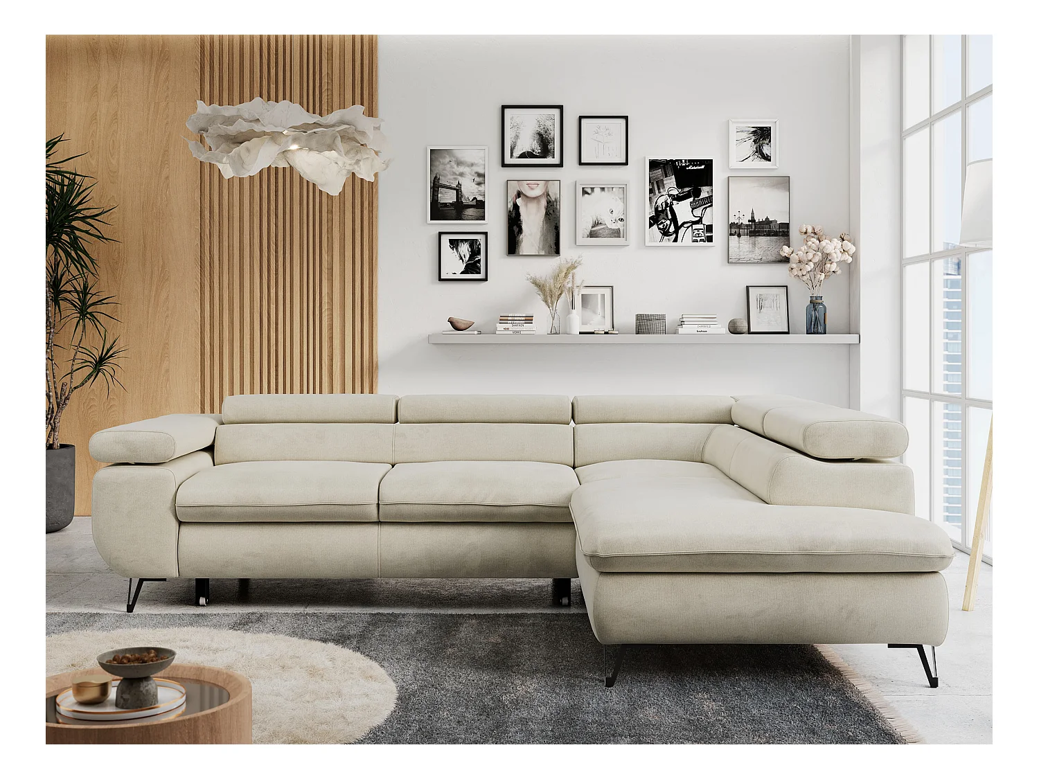 Ecksofa PETER verstellbare Kopfstütze, schlaffunktion - Beige Velvet - Ecke Rechts