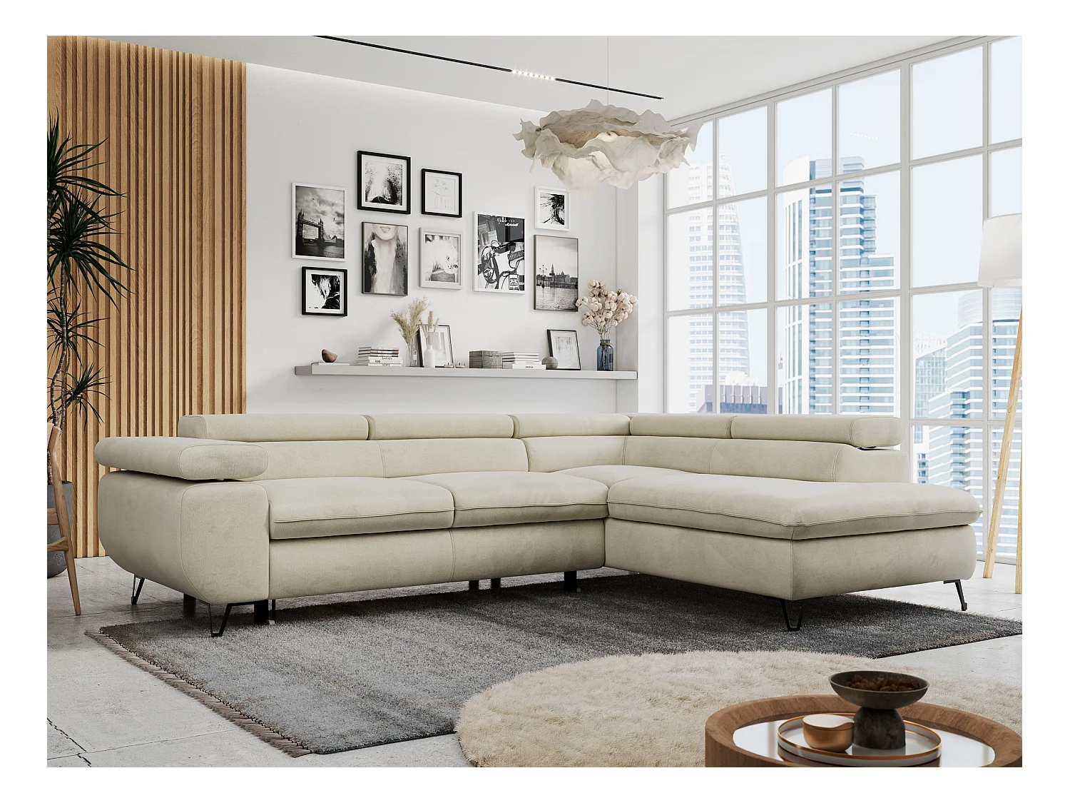 Ecksofa PETER verstellbare Kopfstütze, schlaffunktion - Beige Velvet - Ecke Rechts