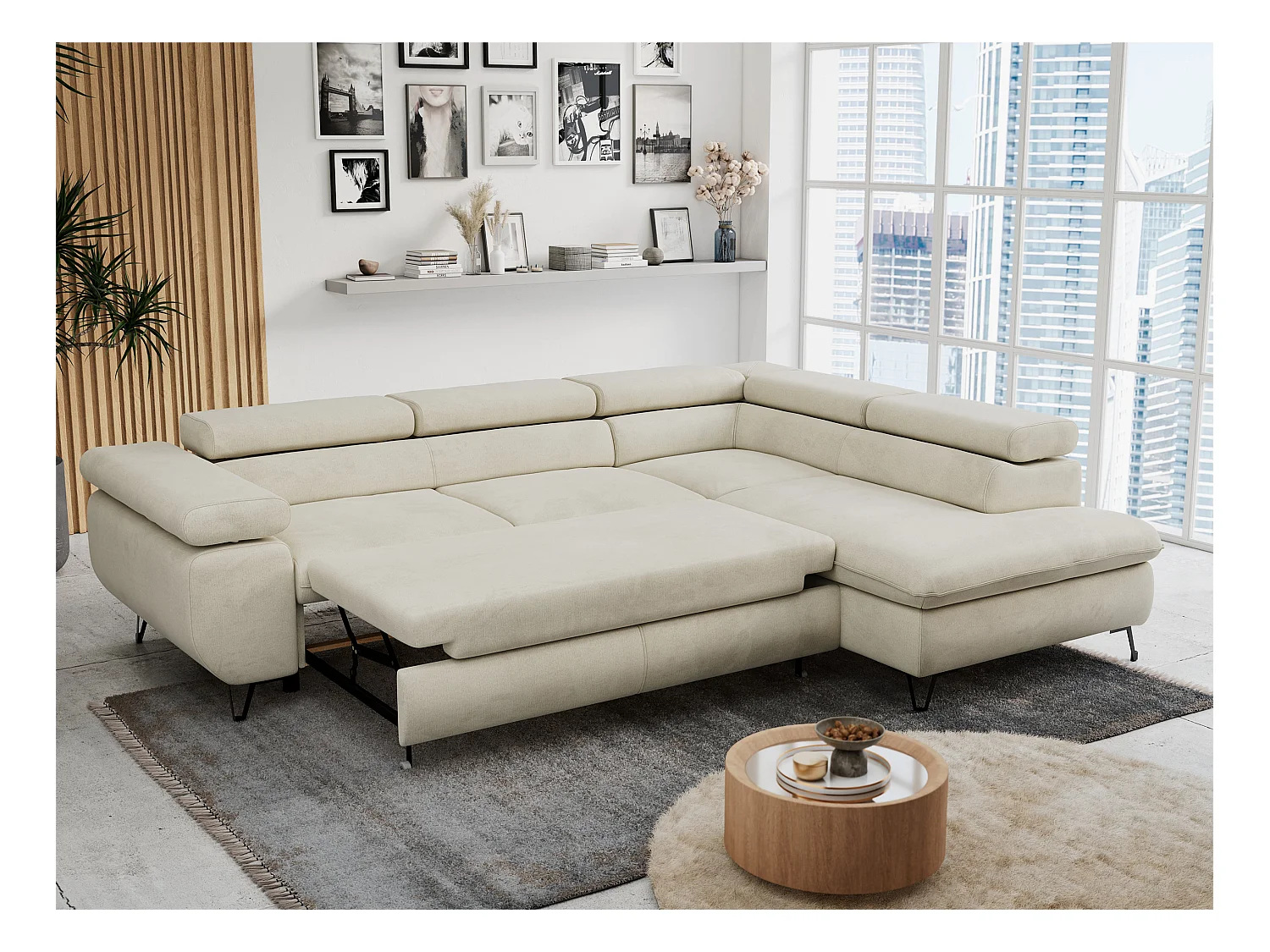 Ecksofa PETER verstellbare Kopfstütze, schlaffunktion - Beige Velvet - Ecke Rechts