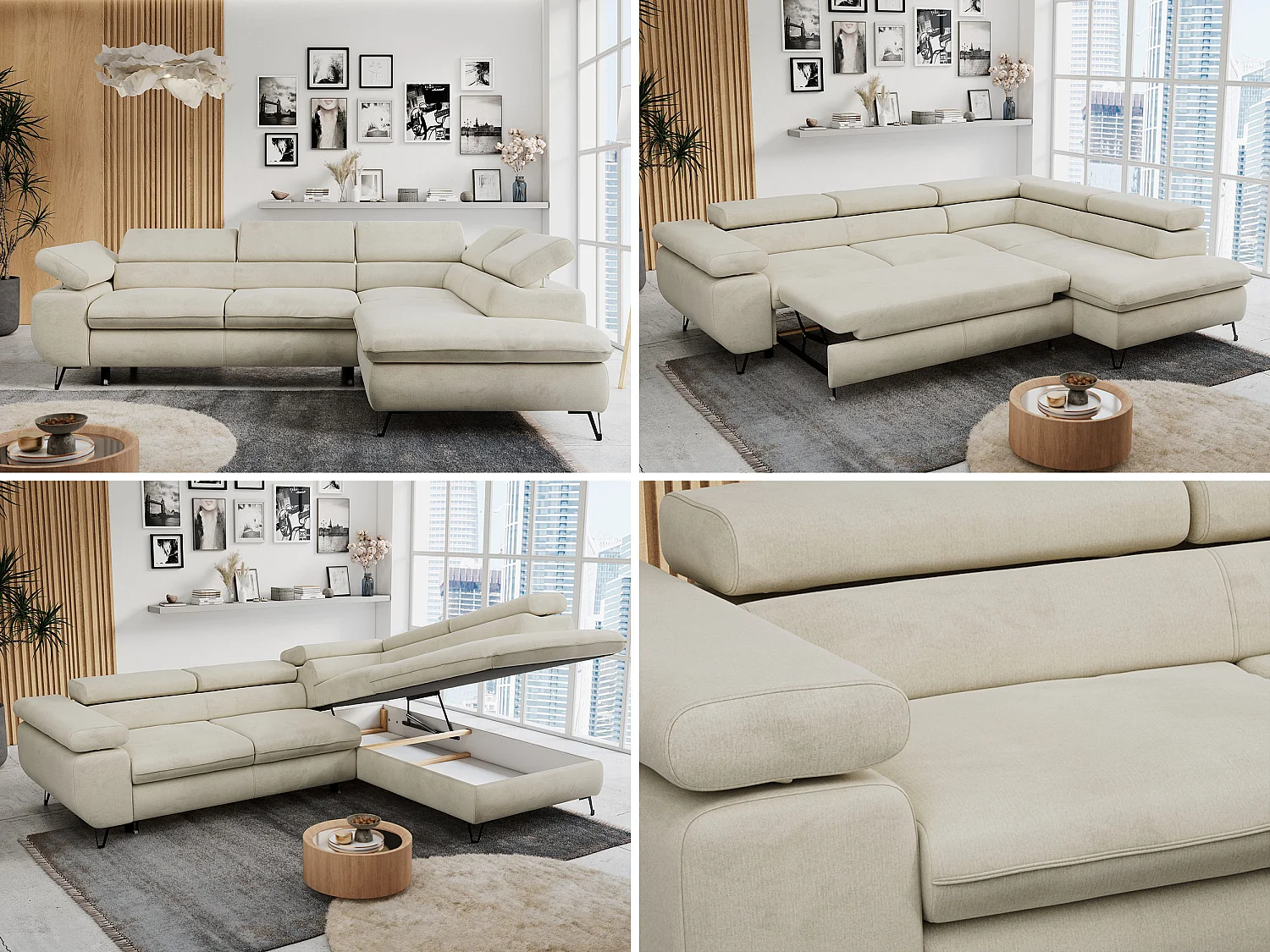 Ecksofa PETER verstellbare Kopfstütze, schlaffunktion - Beige Velvet - Ecke Rechts