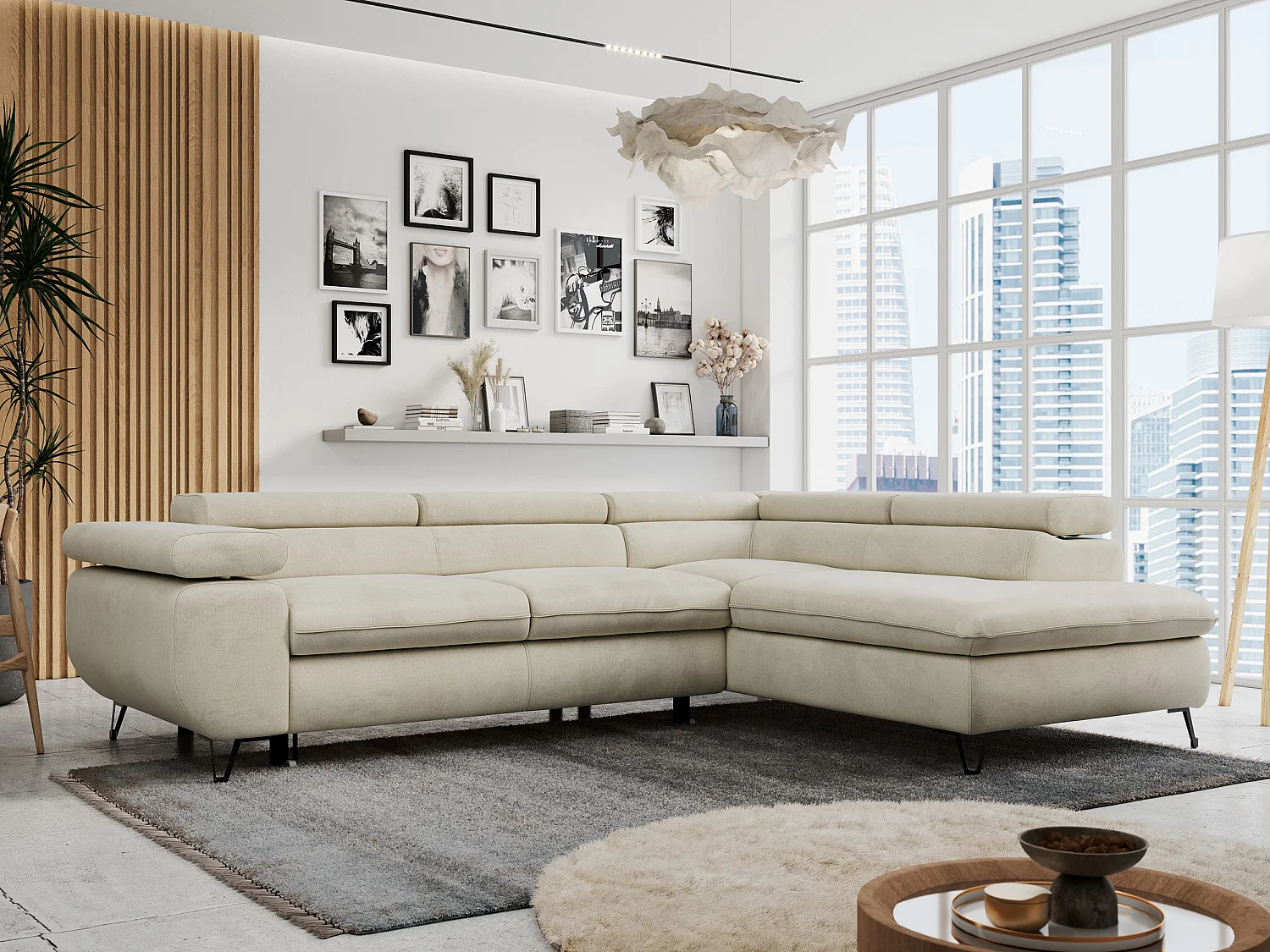 Ecksofa PETER verstellbare Kopfstütze, schlaffunktion - Beige Velvet - Ecke Rechts