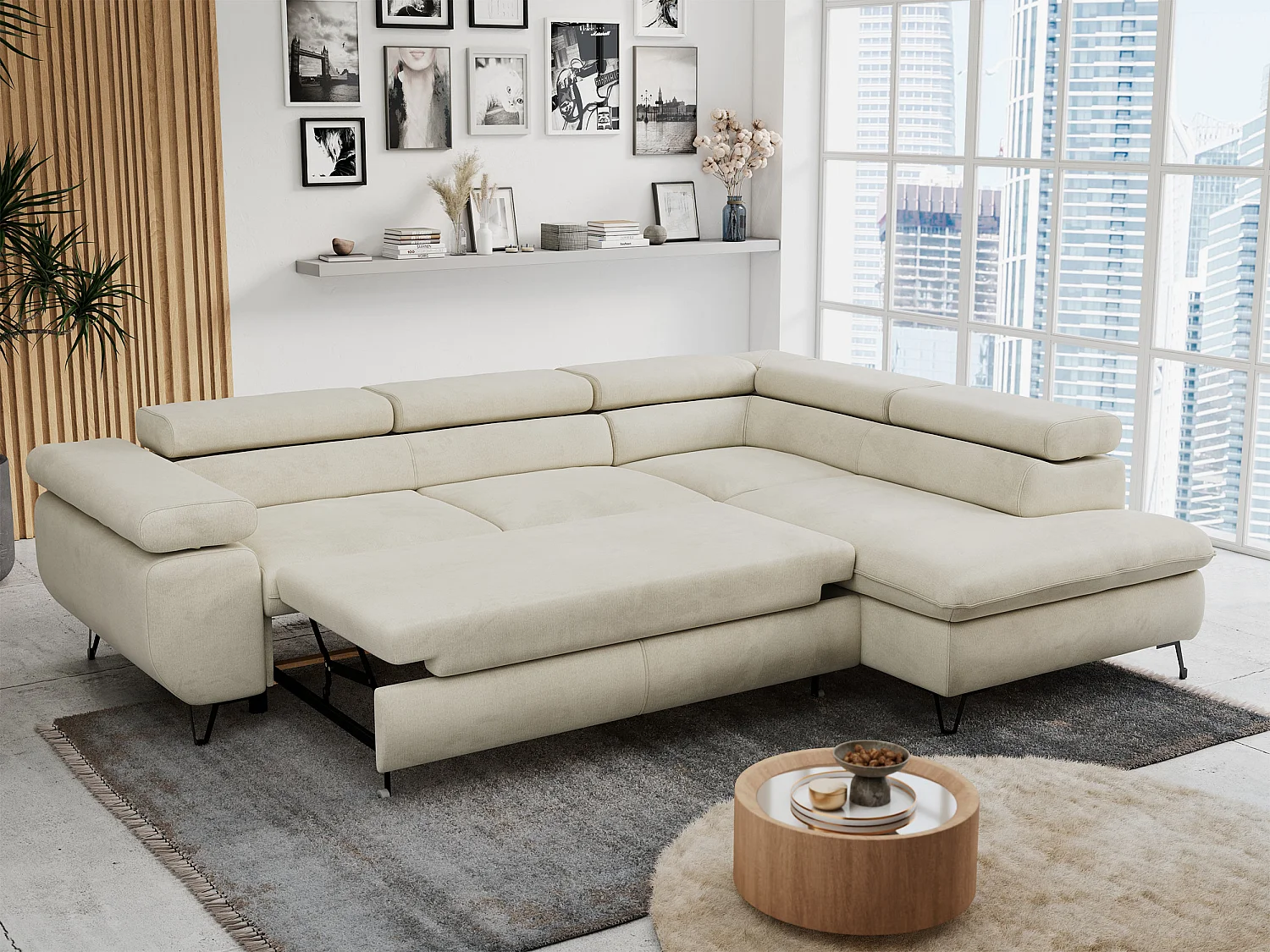 Ecksofa PETER verstellbare Kopfstütze, schlaffunktion - Beige Velvet - Ecke Rechts