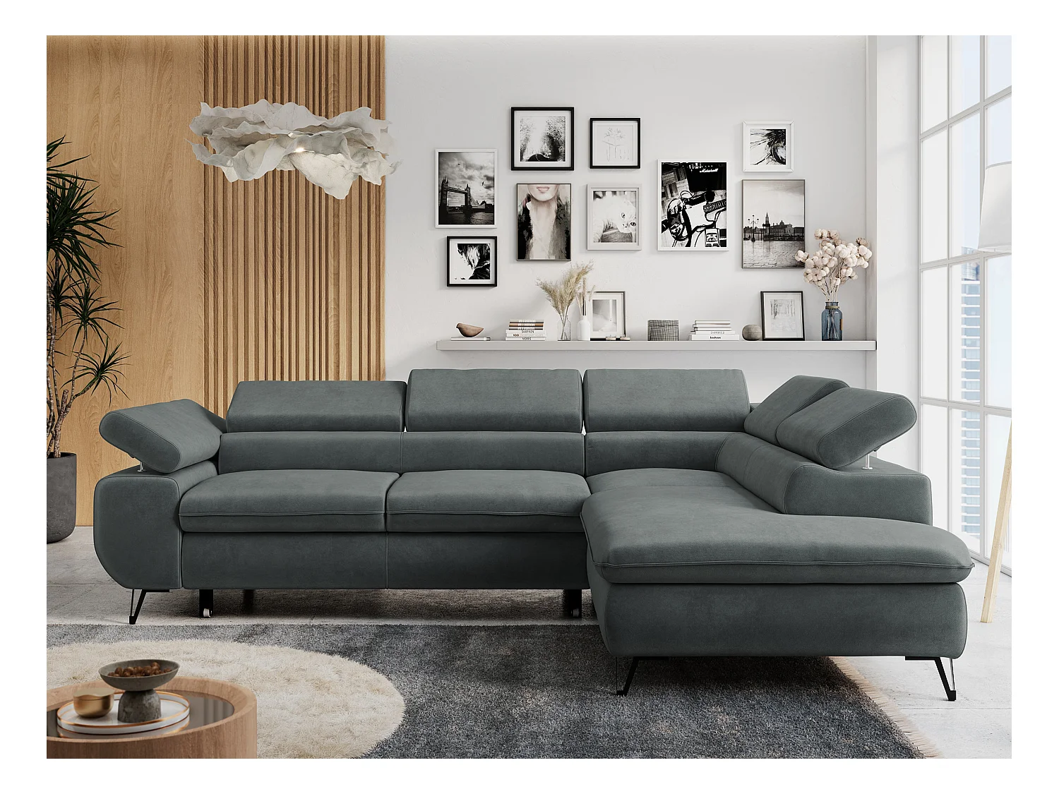 Ecksofa PETER verstellbare Kopfstütze, schlaffunktion - Dunkelgrau Velvet - Ecke Rechts