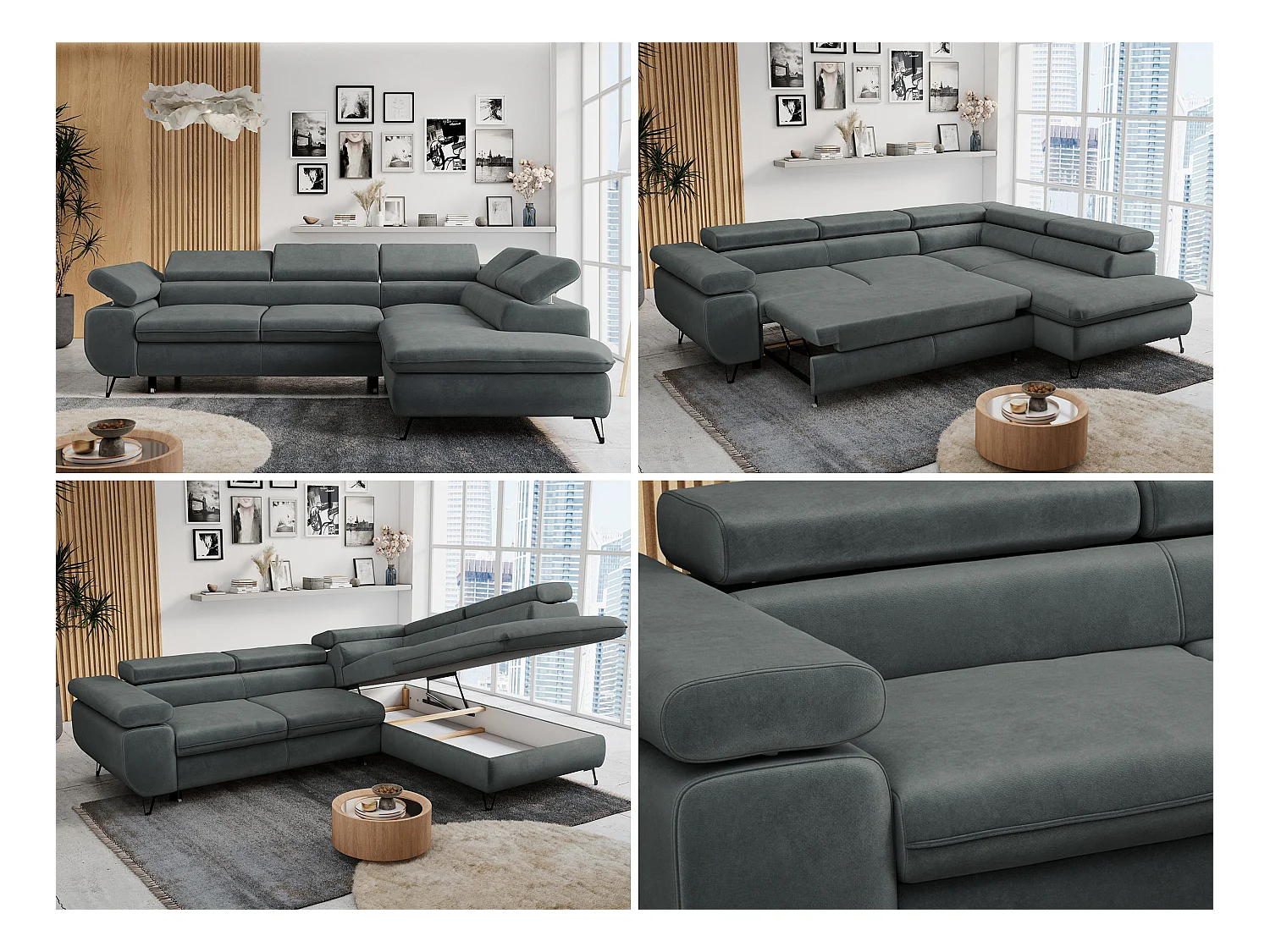 Ecksofa PETER verstellbare Kopfstütze, schlaffunktion - Dunkelgrau Velvet - Ecke Rechts