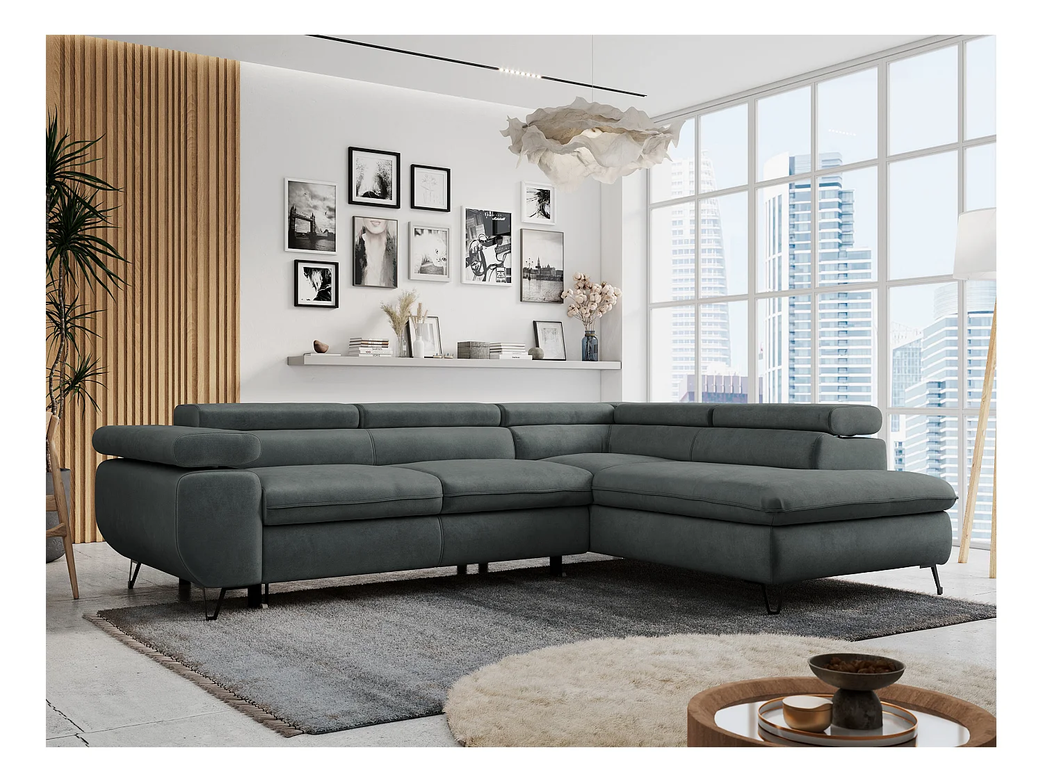 Ecksofa PETER verstellbare Kopfstütze, schlaffunktion - Dunkelgrau Velvet - Ecke Rechts