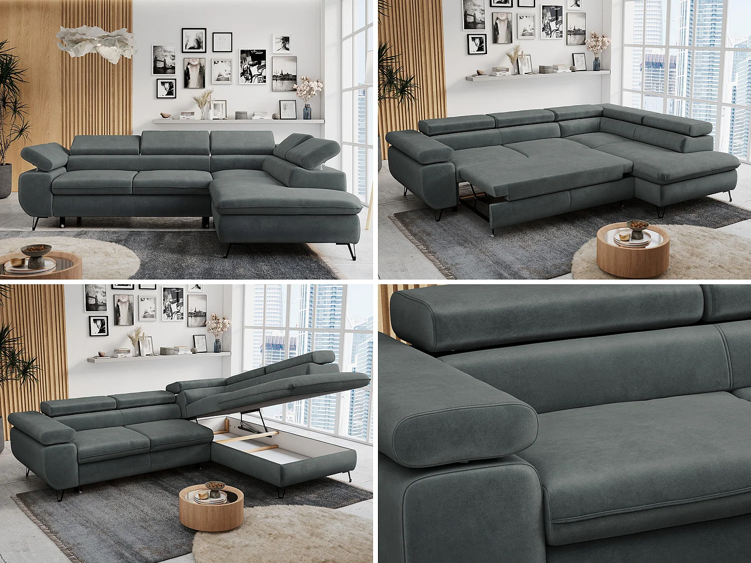 Ecksofa PETER verstellbare Kopfstütze, schlaffunktion - Dunkelgrau Velvet - Ecke Rechts