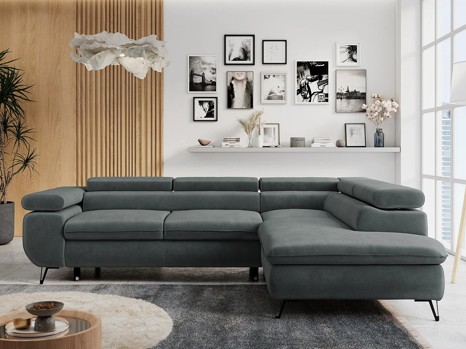 Ecksofa PETER verstellbare Kopfstütze, schlaffunktion - Dunkelgrau Velvet - Ecke Rechts