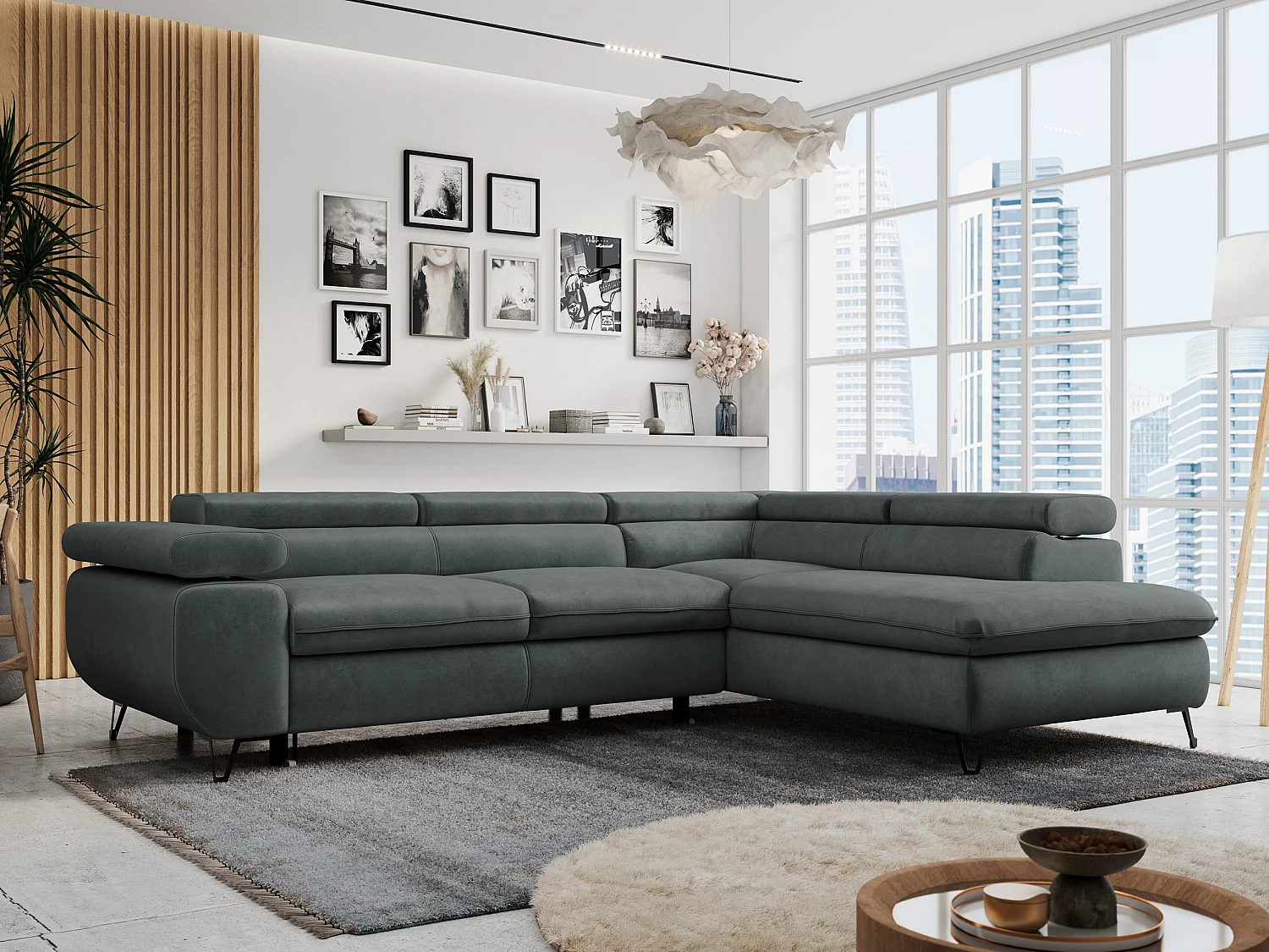 Ecksofa PETER verstellbare Kopfstütze, schlaffunktion - Dunkelgrau Velvet - Ecke Rechts