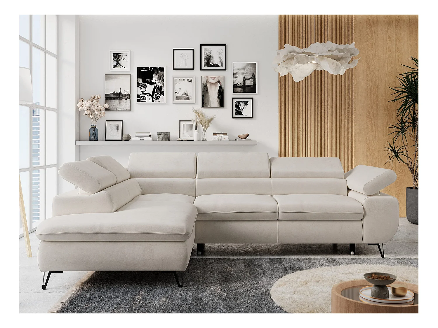 Ecksofa PETER verstellbare Kopfstütze, schlaffunktion - Hellbeige Velvet - Ecke Links