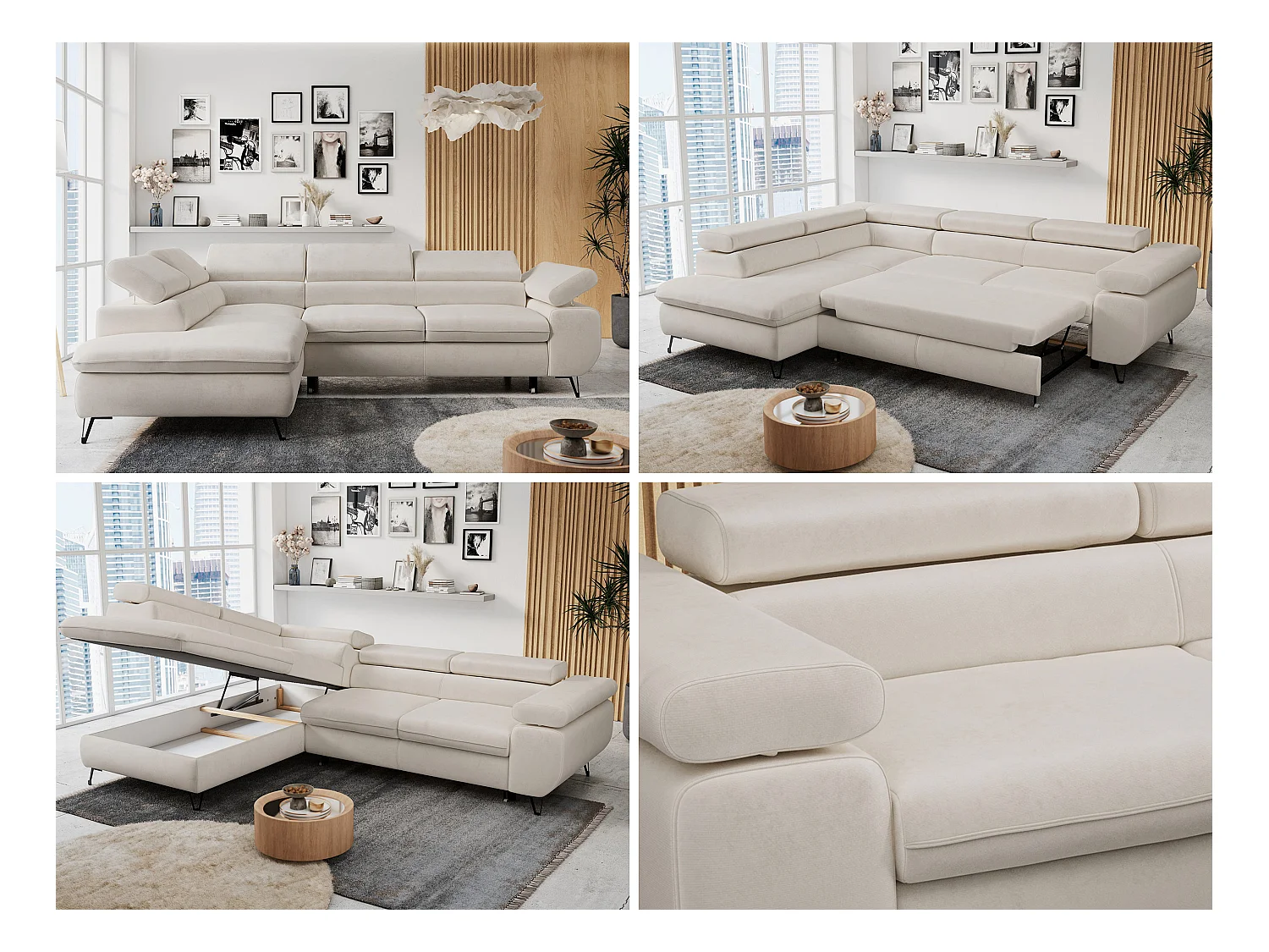 Ecksofa PETER verstellbare Kopfstütze, schlaffunktion - Hellbeige Velvet - Ecke Links