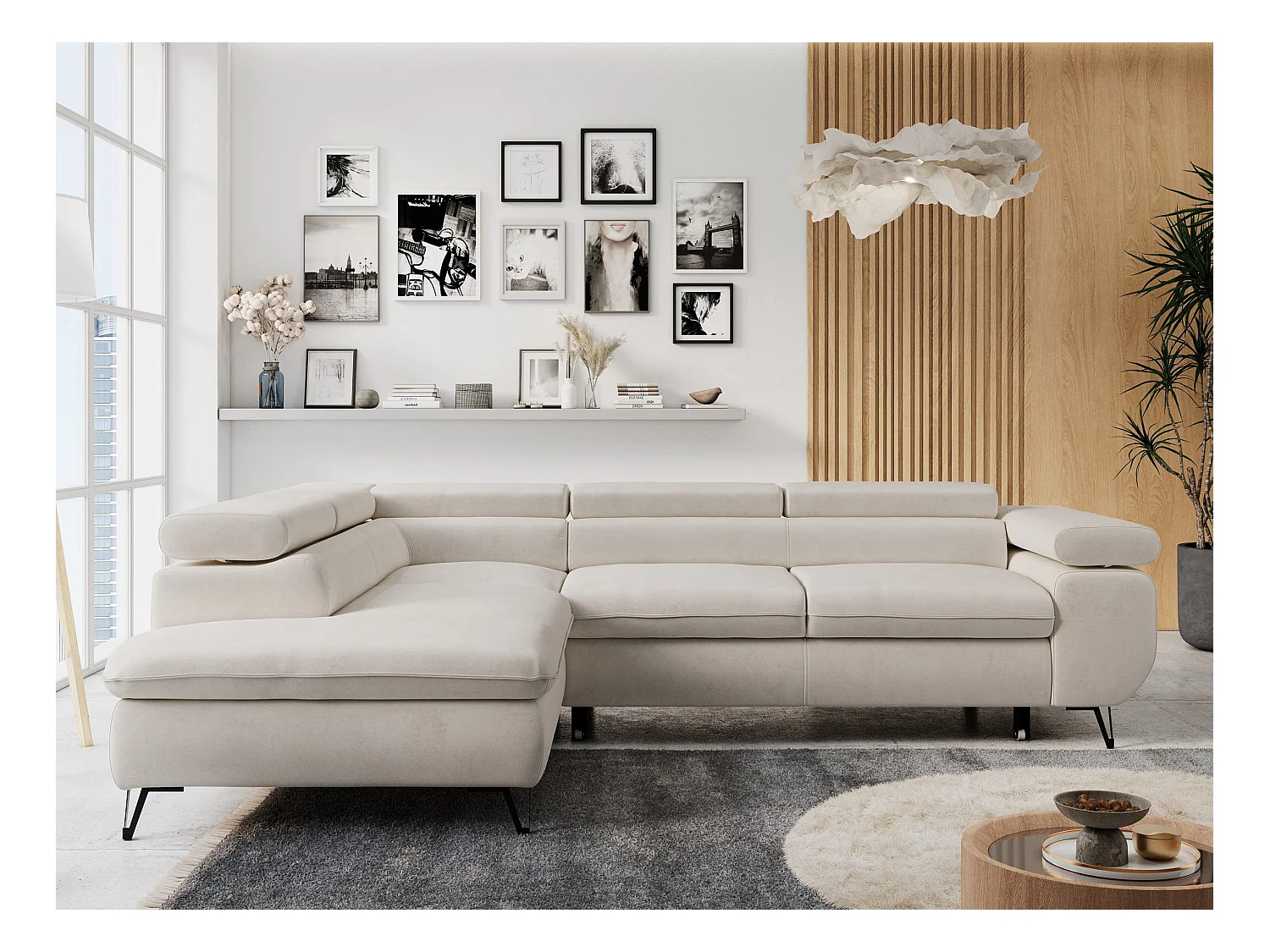 Ecksofa PETER verstellbare Kopfstütze, schlaffunktion - Hellbeige Velvet - Ecke Links