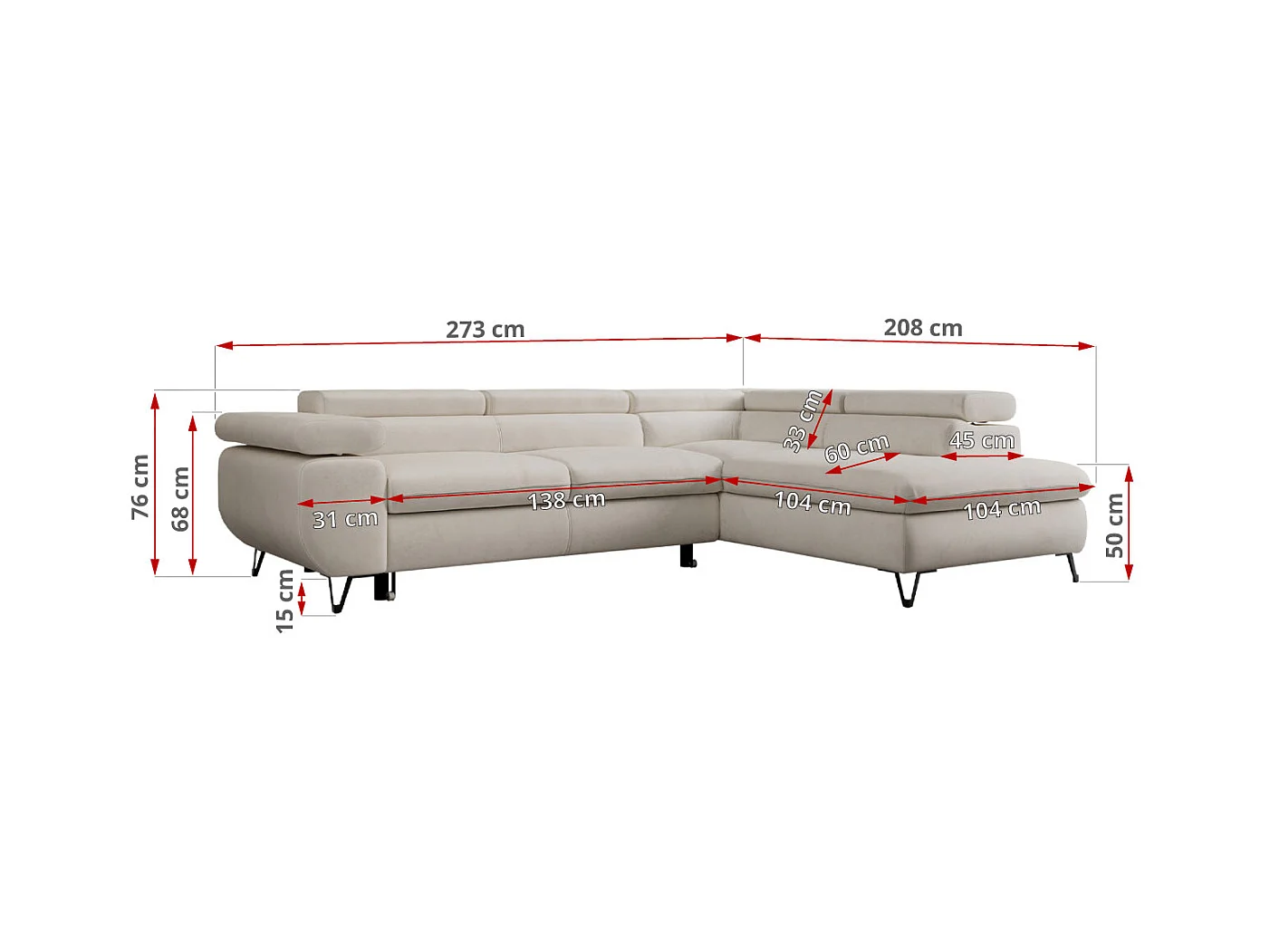 Ecksofa PETER verstellbare Kopfstütze, schlaffunktion - Hellbeige Velvet - Ecke Links