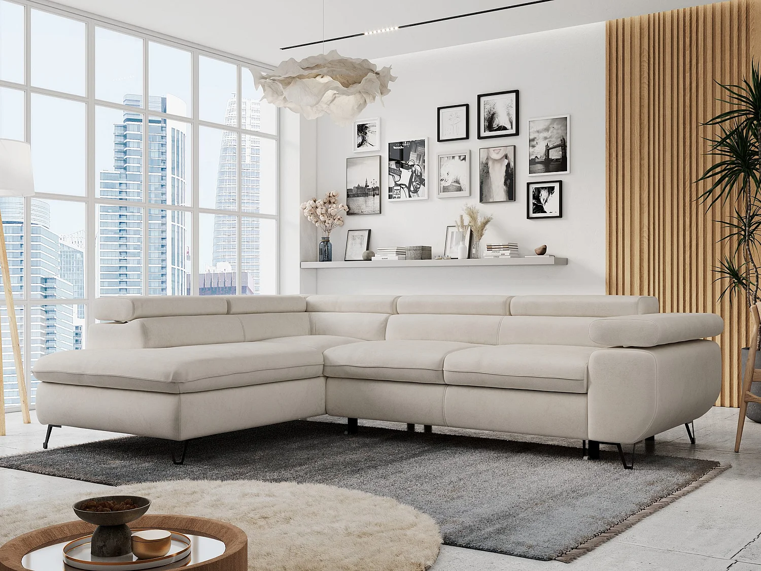 Ecksofa PETER verstellbare Kopfstütze, schlaffunktion - Hellbeige Velvet - Ecke Links