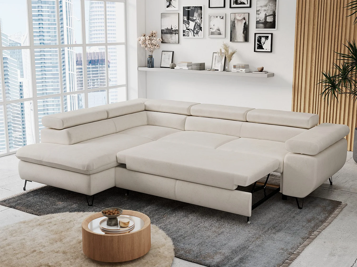 Ecksofa PETER verstellbare Kopfstütze, schlaffunktion - Hellbeige Velvet - Ecke Links